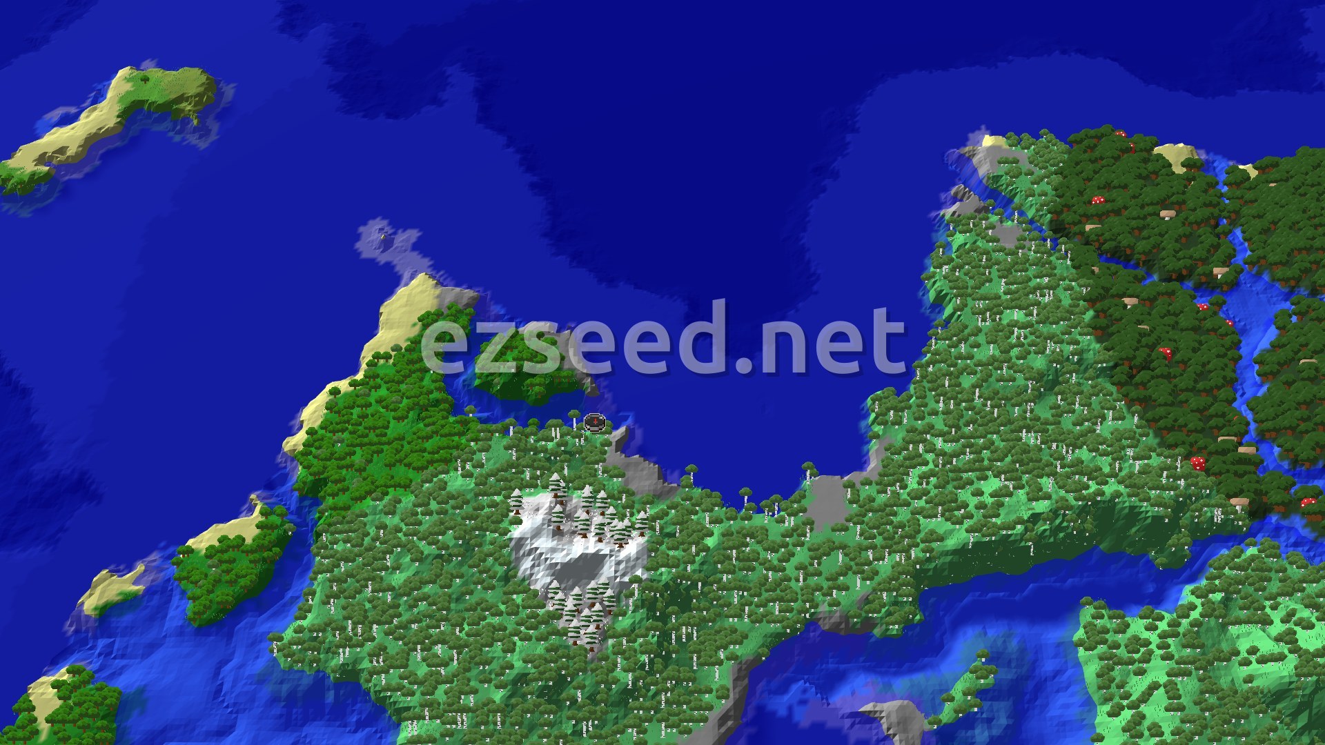 A 3D fly-over of a varied landscape, showing a large ocean bordering a continent with a central snowy mountain, surrounded by dense birch and mixed forests. A small spawn marker sits at the center of the image.