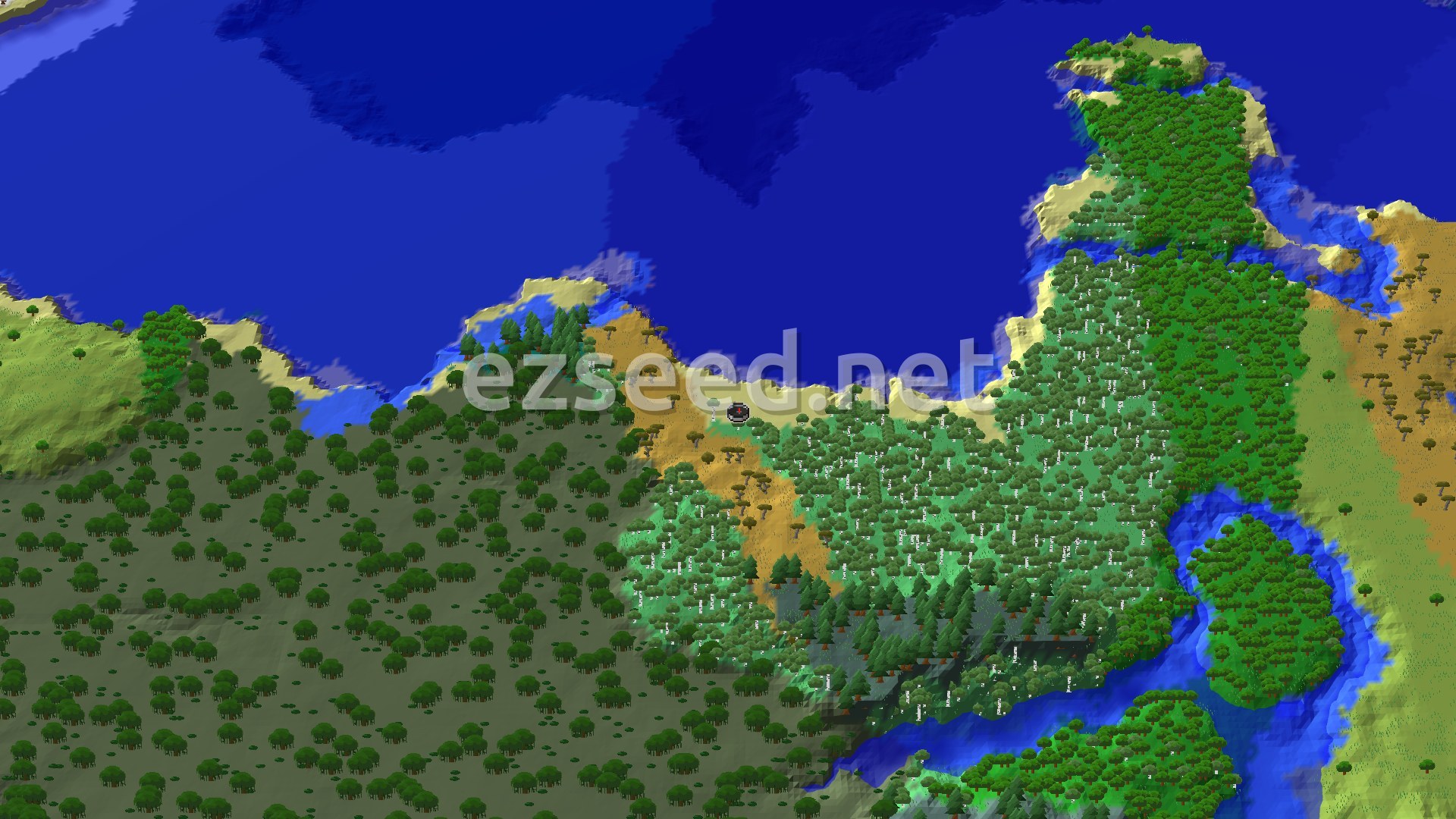 An aerial view showing a spawn point in an Old Growth Birch Forest, bordered by a large ocean, and a Windswept Savanna with scattered trees. A river winds through the landscape.