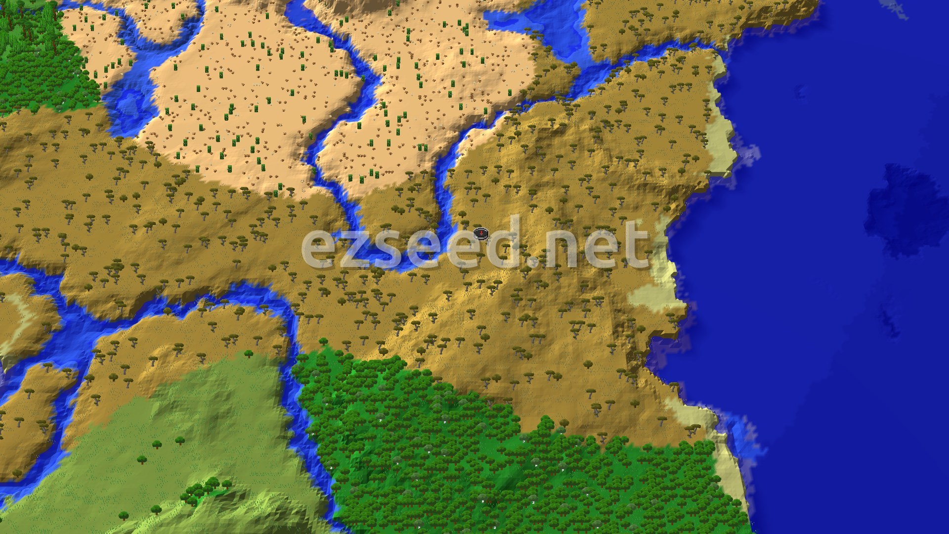 A bird's-eye view of a Savanna and Desert landscape, with a river winding through and an ocean to the east. A small spawn marker is visible in the savanna.