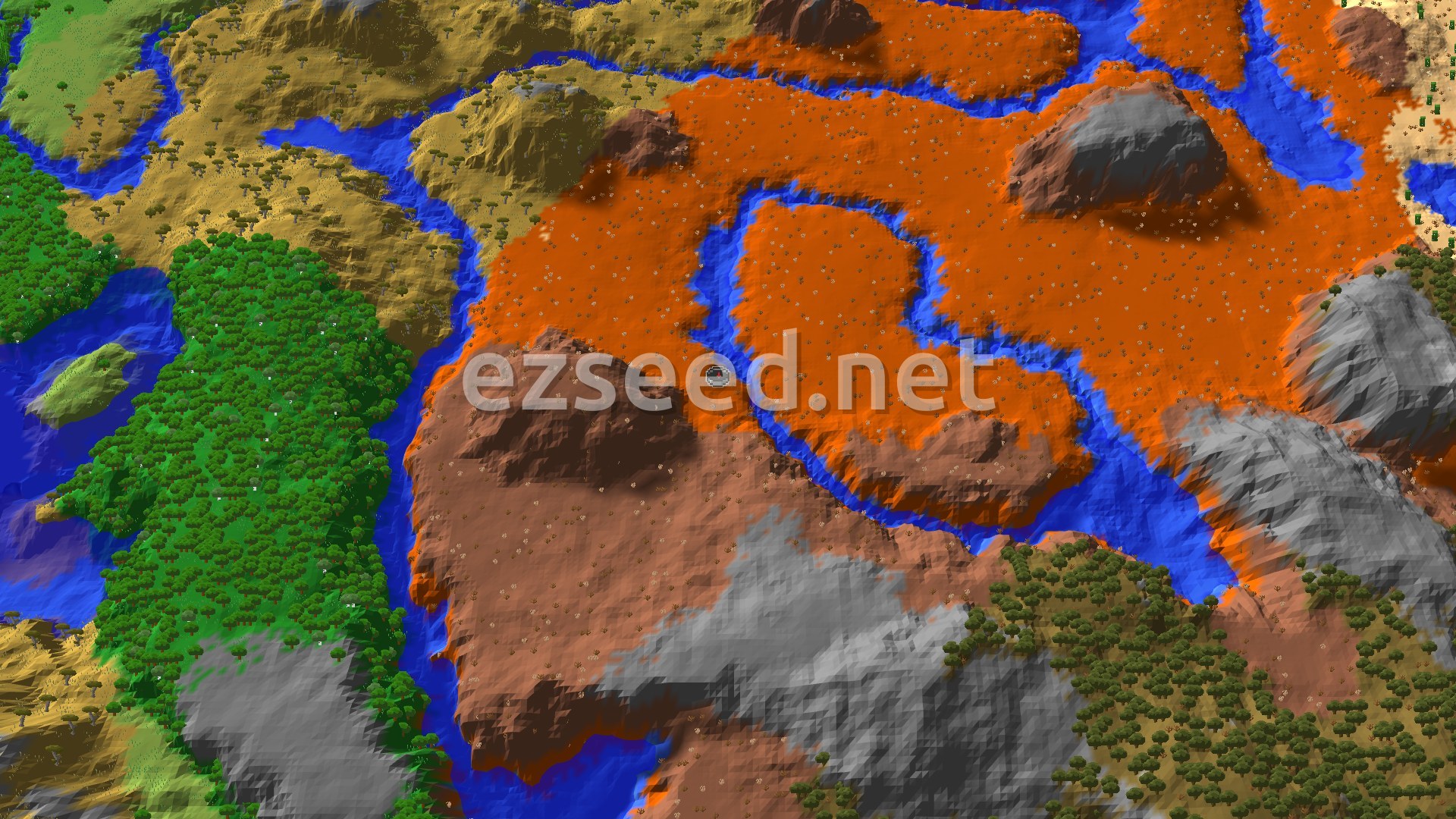 A 3D fly-over of the world shows a large, winding river system with sections of green forest, tan savannas, orange badlands, and gray stony peaks.