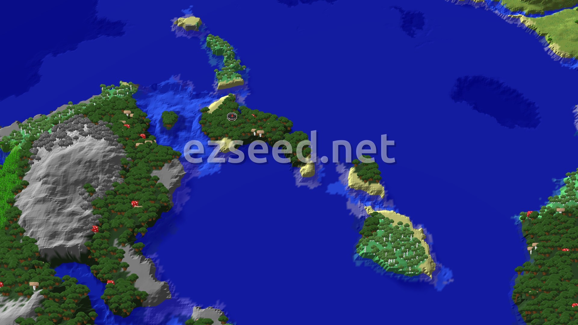 A 3D fly-over of a world with a large body of water, several islands, and a mountainous region, all covered in various types of trees and some red mushrooms, with a spawn marker on one of the larger forested islands.