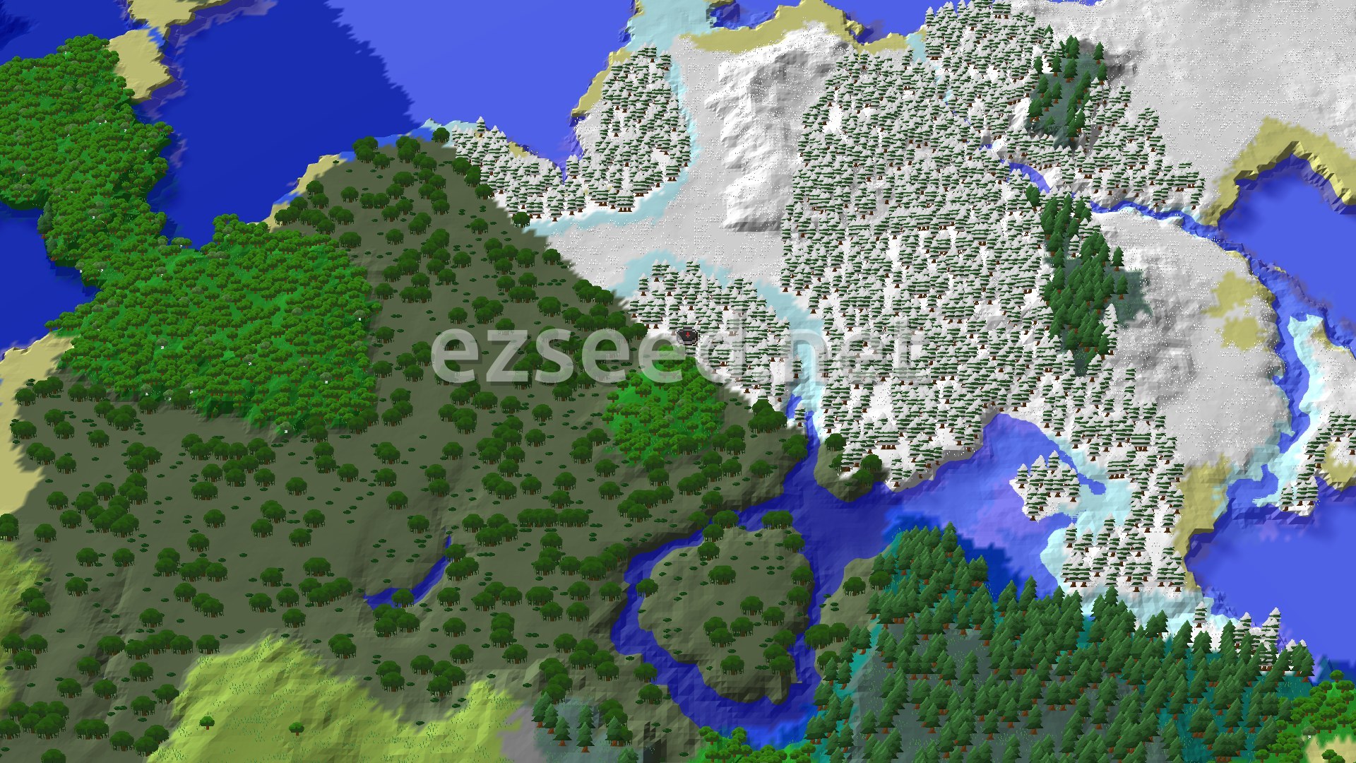 A 3D render of the seed's spawn area, showing a mix of snowy taiga, green forests, and a swampy river winding through the landscape. There are snow-capped hills and open water in the distance.