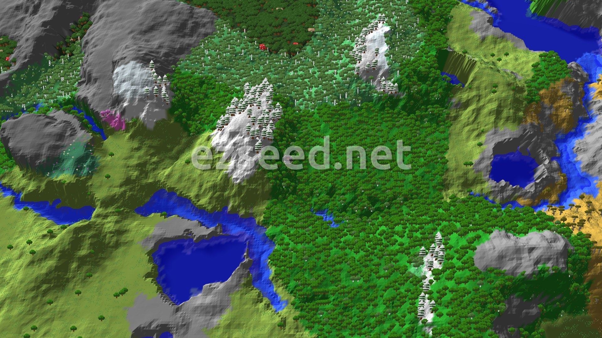 Aerial Minecraft seed map — Forest Spawn with Nearby Ancient City and Peaks