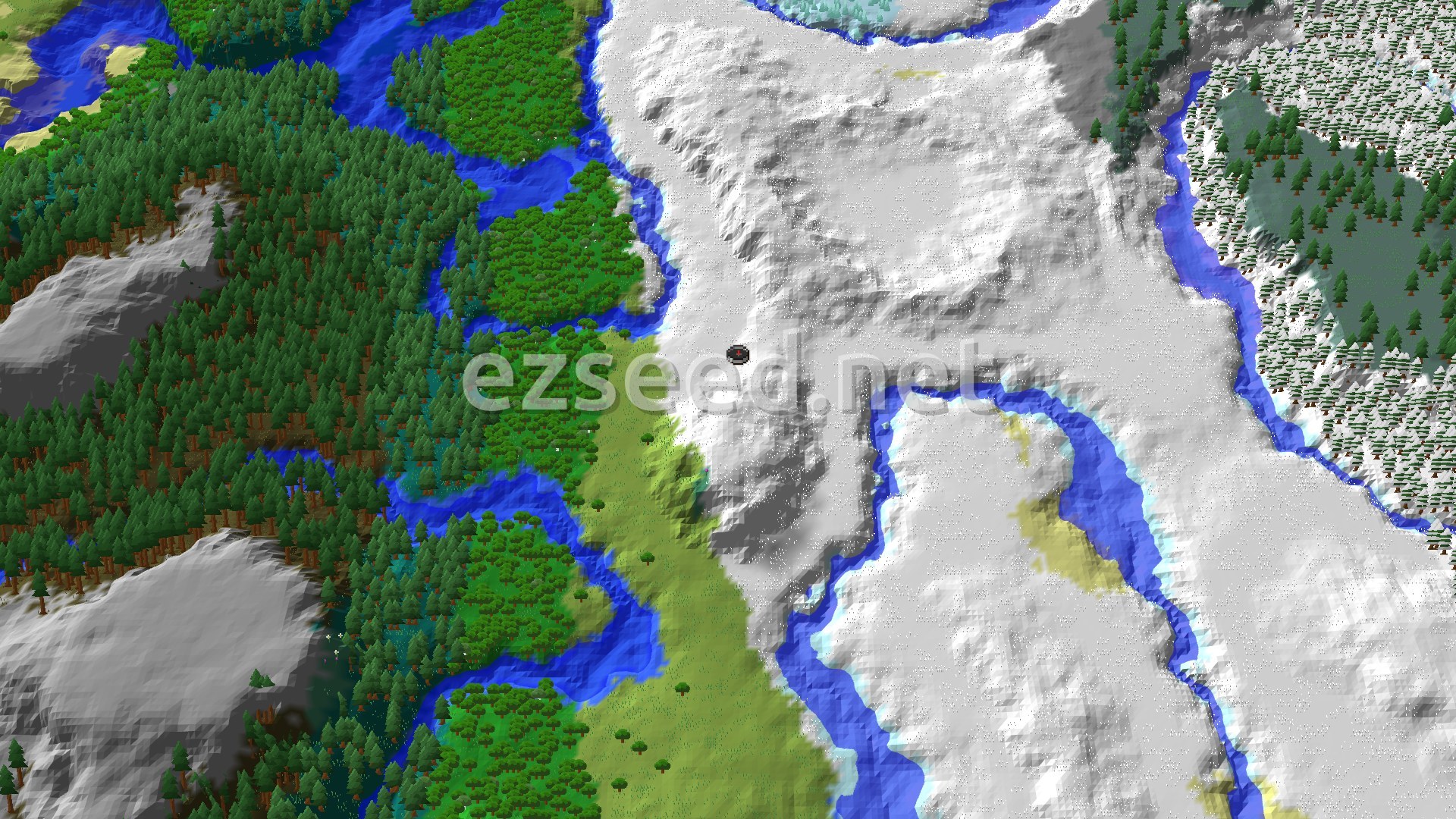 An aerial view of a snowy plains biome with a dark marker at the center, bordered by a large forest to the west and a frozen river winding through the snowy landscape.