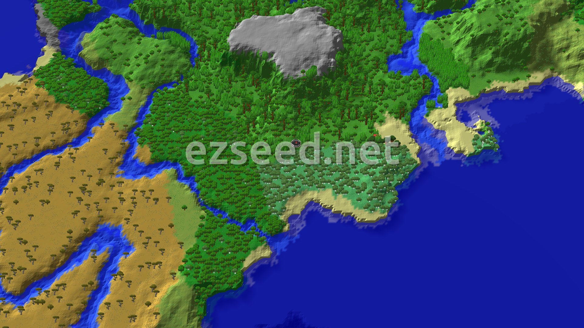 An overhead 3D view shows a lush green jungle biome at the center, with a small spawn marker. To the north, a grey mountain peak rises above the trees. A river winds through savanna to the west, and an ocean borders the jungle to the east and south.