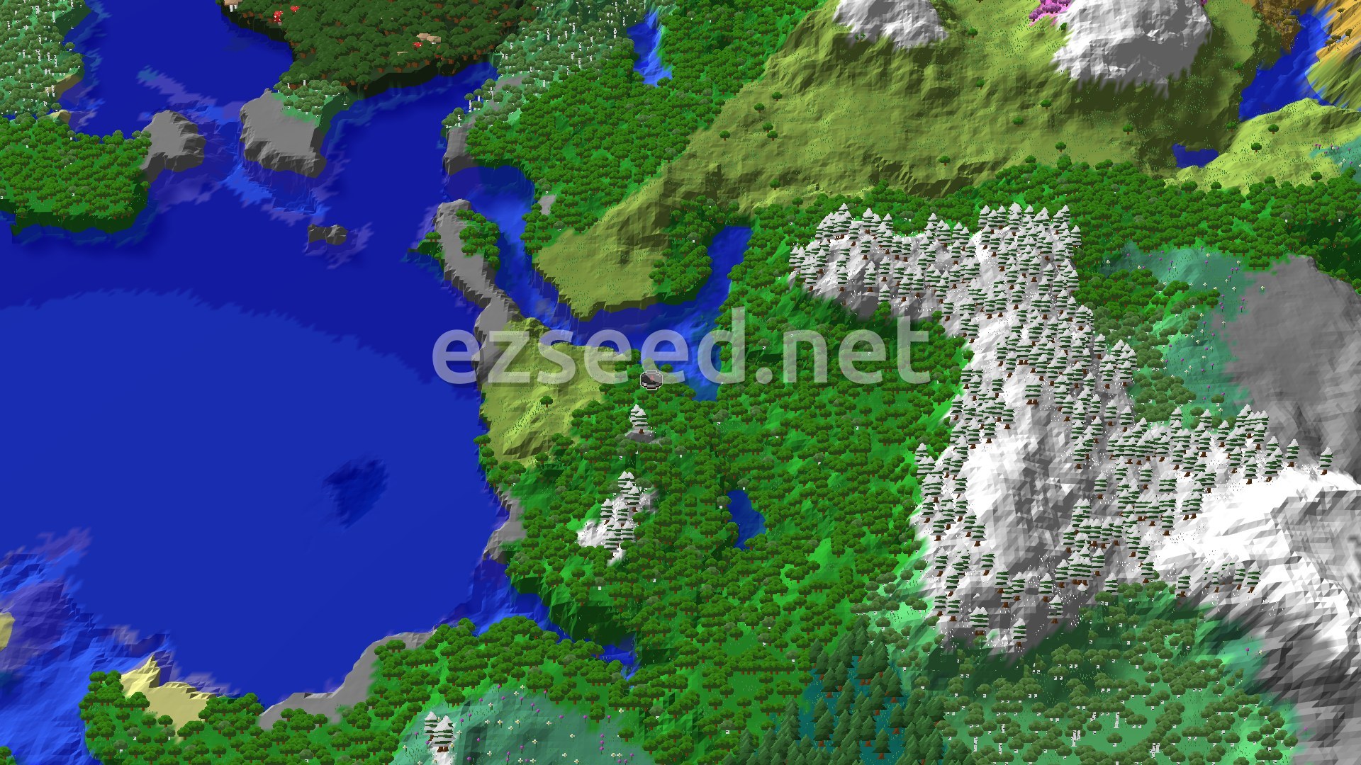 A 3D overhead view of a diverse Minecraft landscape featuring a wide ocean, green forests, and snow-capped mountains. A small marker indicates the spawn point in the forest.