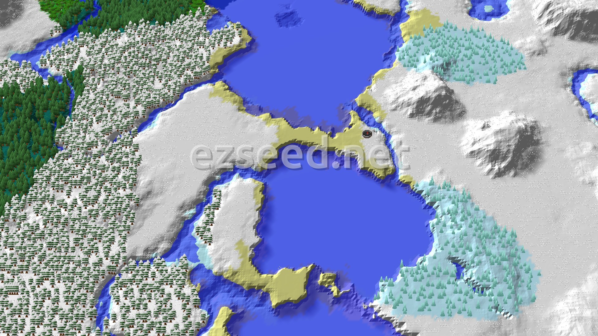 An overhead view of a snow-covered landscape with large bodies of frozen water, a dense snowy forest, and some patches of lighter snow-covered terrain.