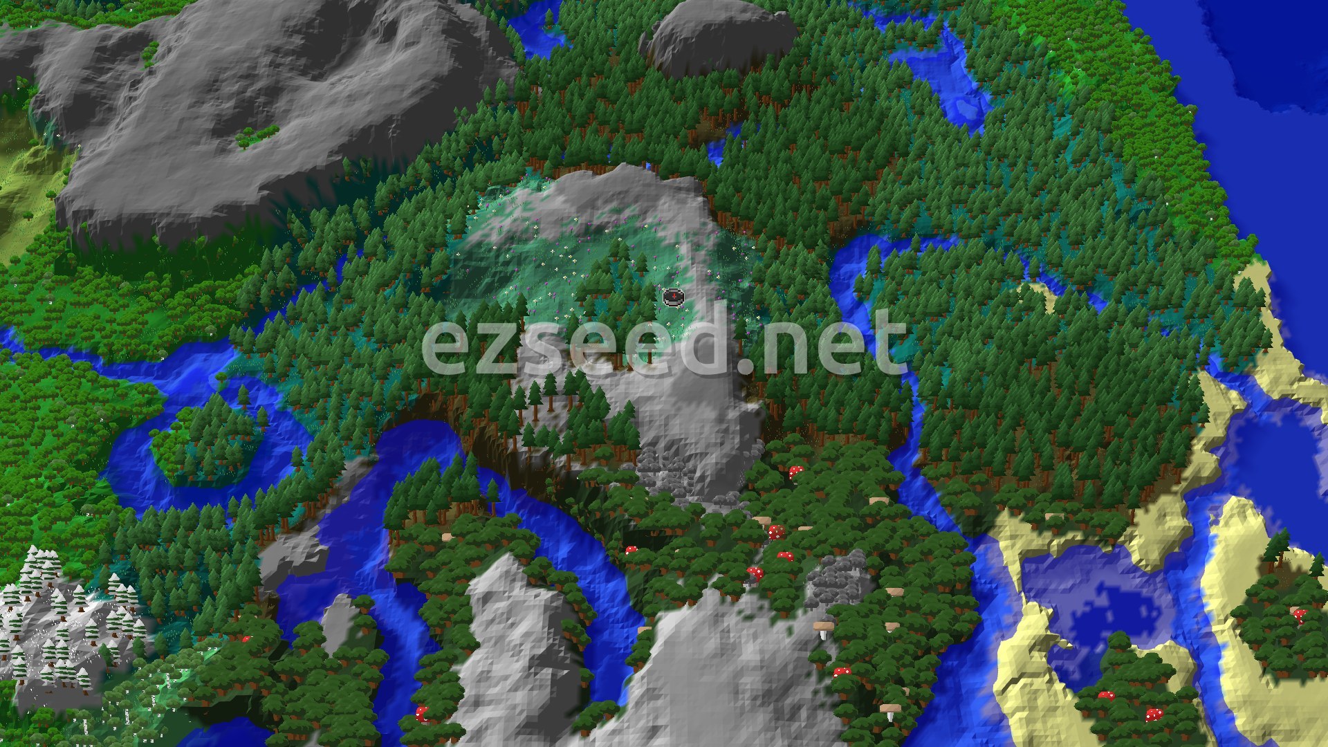A 3D fly-over of a varied landscape, showing spawn on a gently rolling hill in a Meadow biome, surrounded by dense Taiga forests, with rivers carving through the terrain and a distant snowy mountain range.