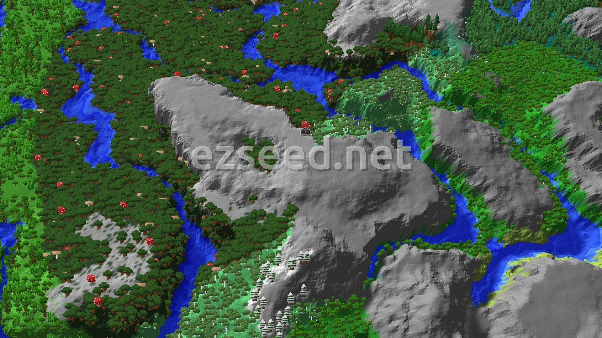 Aerial Minecraft seed map — Ancient City Near Spawn in a Varied Forest World