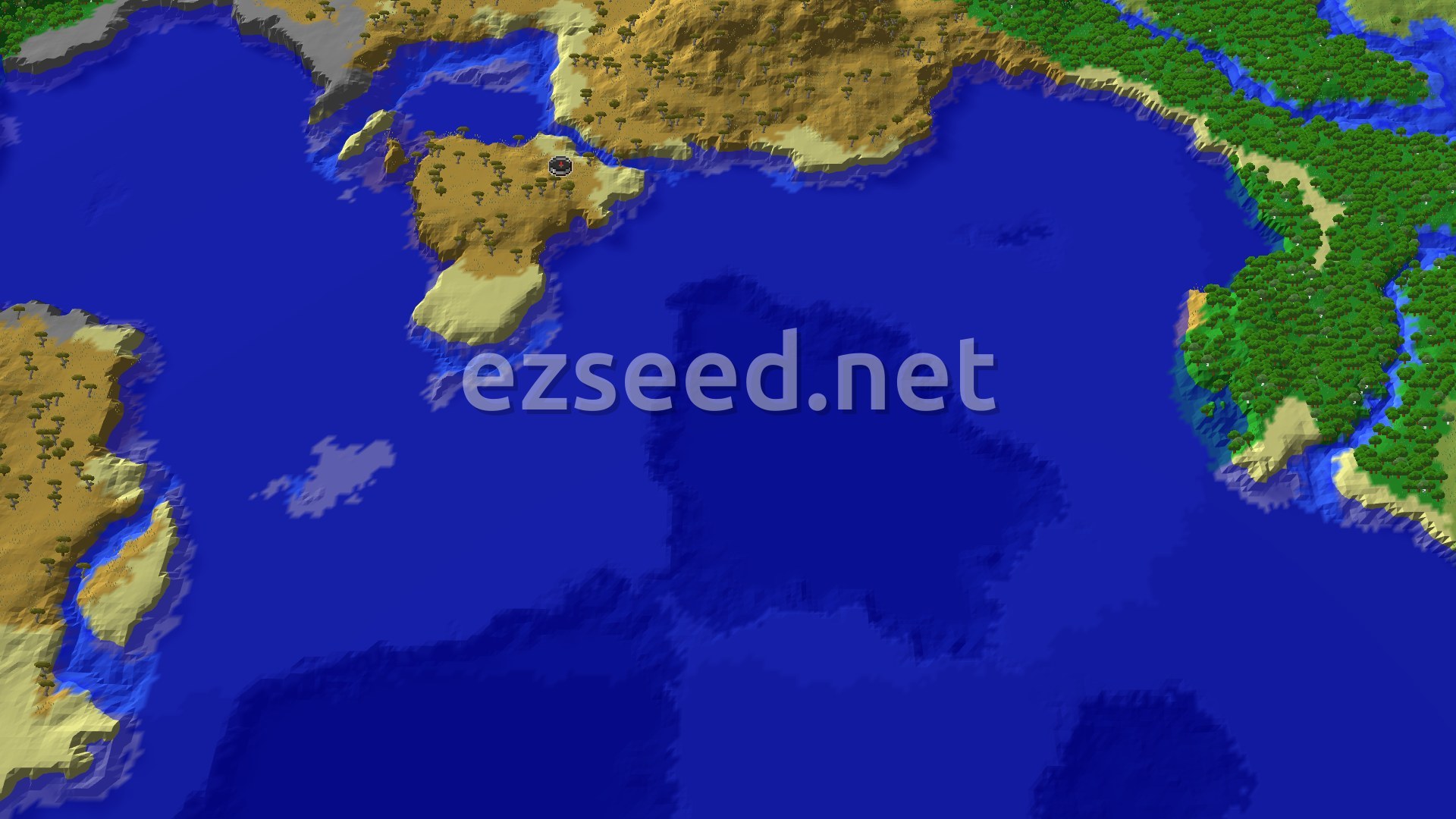 An aerial view shows a sprawling savanna biome, characterized by flat, grassy plains dotted with acacia trees, bordering a large ocean. A small marker indicates the spawn point.