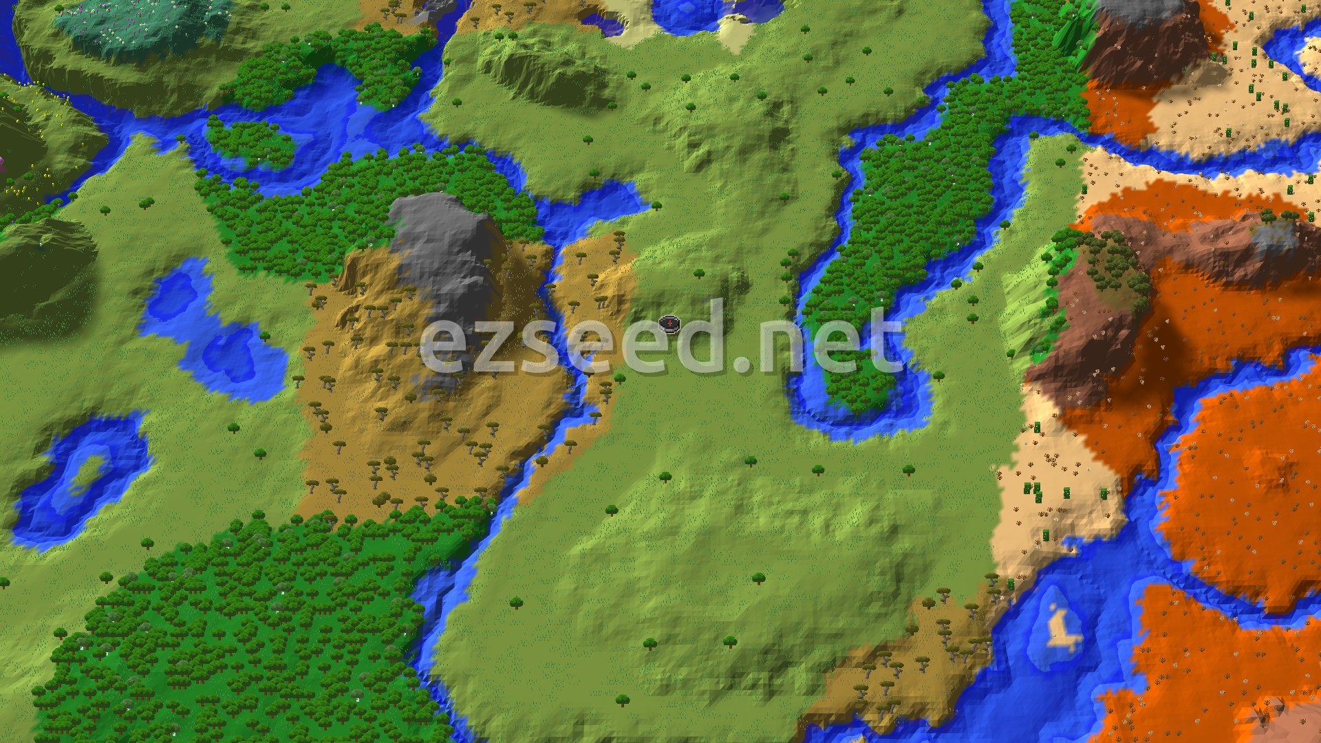 An overhead view of a diverse landscape featuring green plains, dark green forests, orange badlands, and sandy desert biomes, with rivers and lakes winding through. A small spawn marker is visible in the central plains.