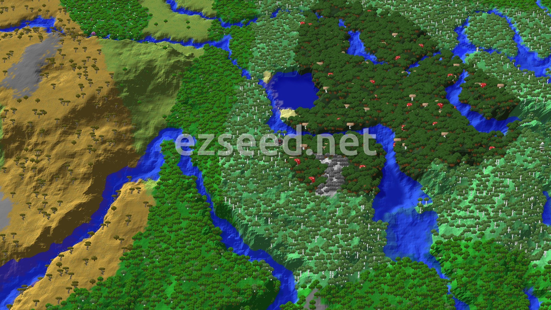 A dense Old Growth Birch Forest with tall birch trees, a gentle river winding through the center, and a subtle spawn marker amidst the foliage.