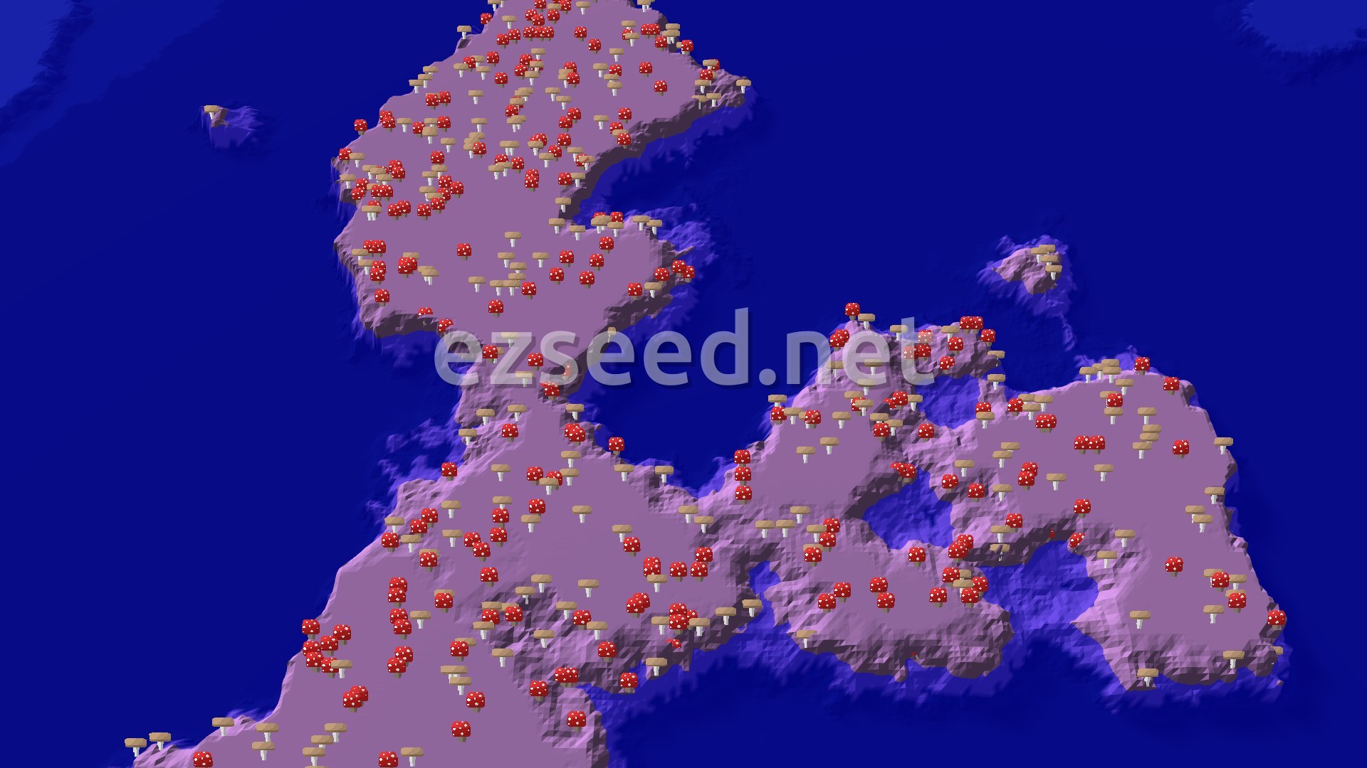 An aerial view of an archipelago of Mushroom Fields islands, covered in red and brown mushrooms, surrounded by deep blue ocean.