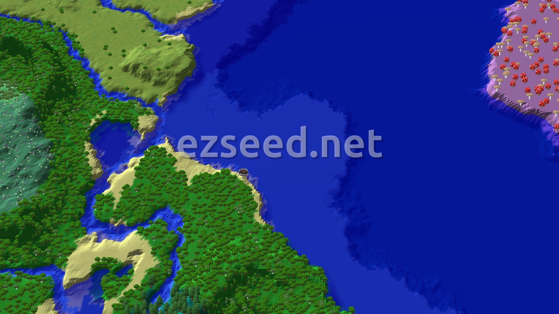 An overhead view showing a spawn point on a forested coastline next to a large ocean, with a distinct Mushroom Fields island visible across the water.