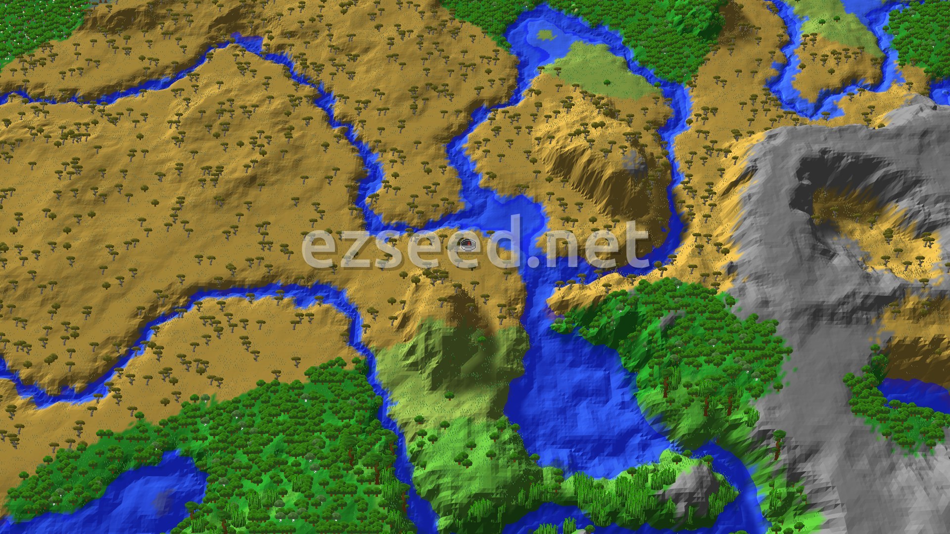 Aerial Minecraft seed map — Savanna Spawn with a Close Ancient City