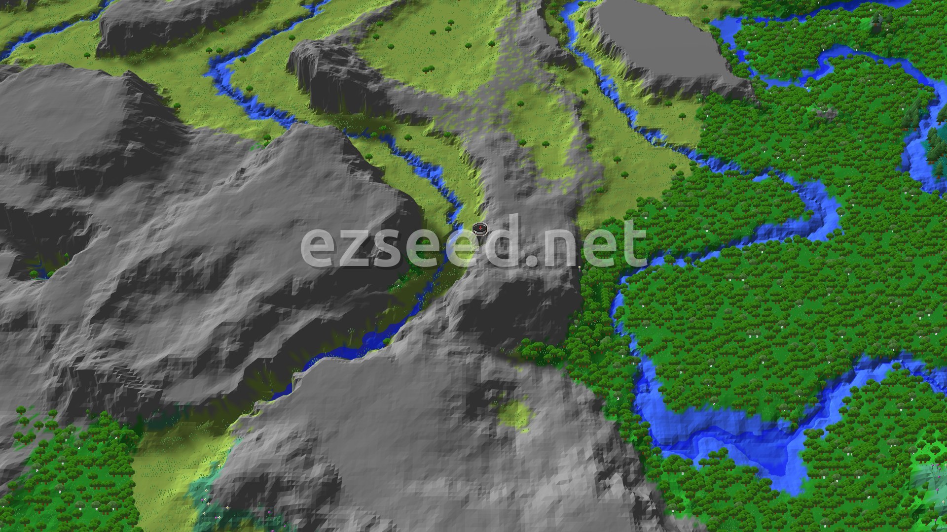 An aerial view shows a spawn marker on a green plain, bordered by a winding river and dense forests, with rugged gray mountains dominating the left side.
