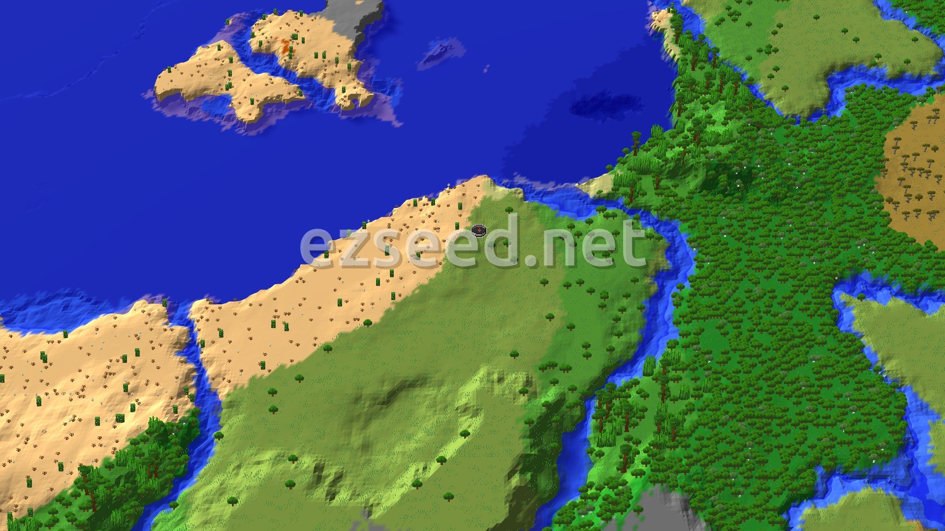 Aerial Minecraft seed map — Spawn in Plains with Ocean and Desert Nearby