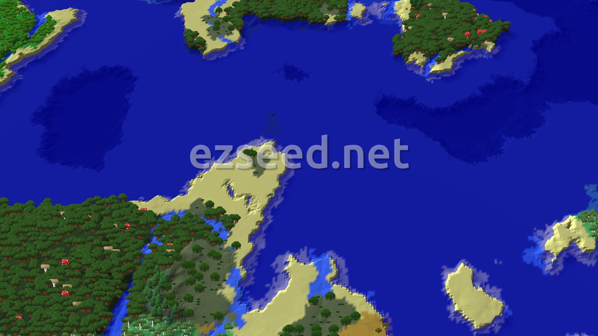 An aerial view of a mostly flat plains biome with scattered trees, a small lake, and some gentle hills in the distance.