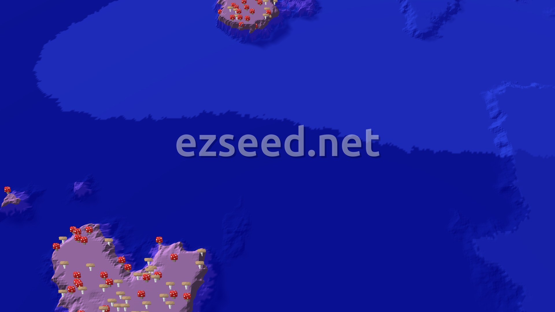 An aerial view of a large ocean with several mushroom islands covered in red and brown mushrooms. The water is deep blue and shows some underwater terrain.