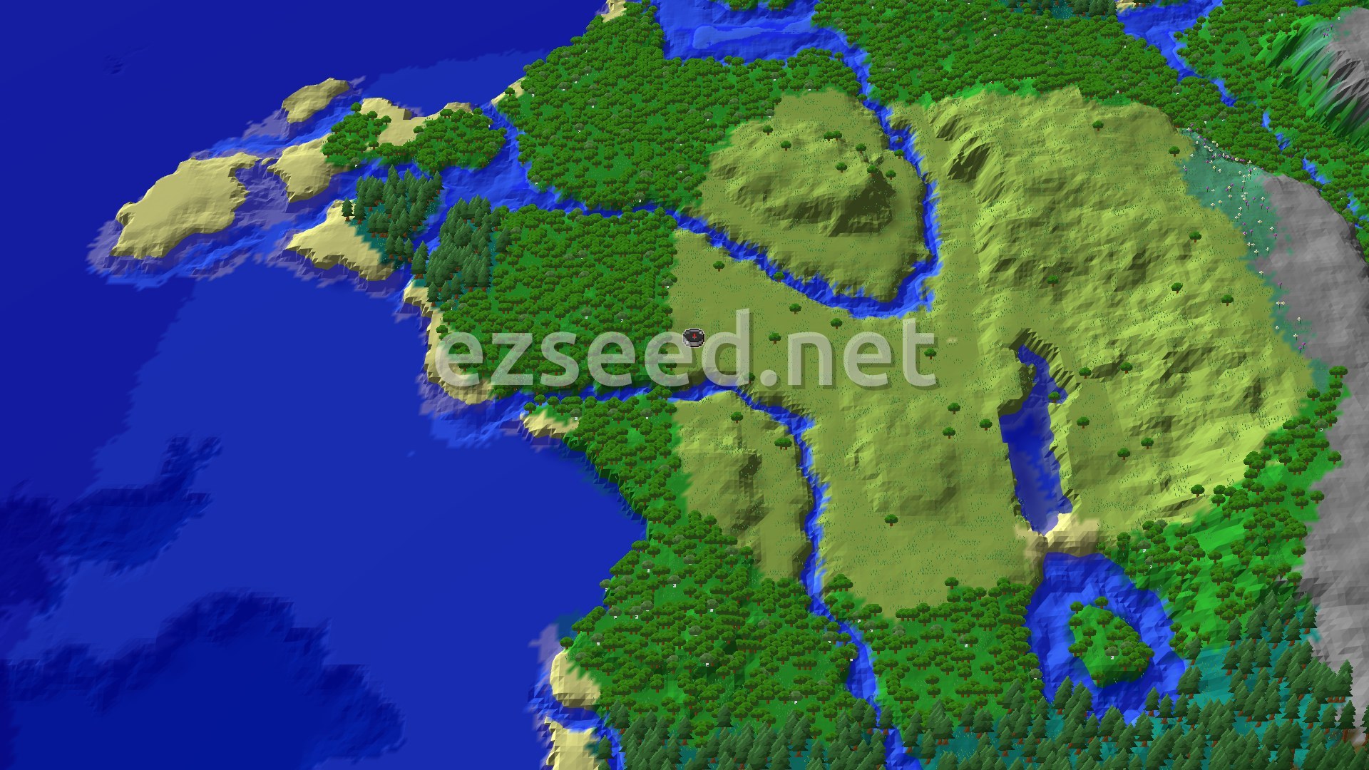 An aerial view of a varied landscape featuring a plains biome at the center, surrounded by forests and rivers leading to an ocean with scattered islands.