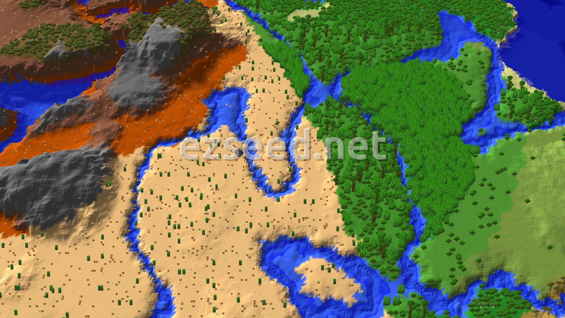An aerial view of a desert biome at the center, with a winding river, bordered by lush green jungles and a distinct badlands region with reddish and gray mountains.