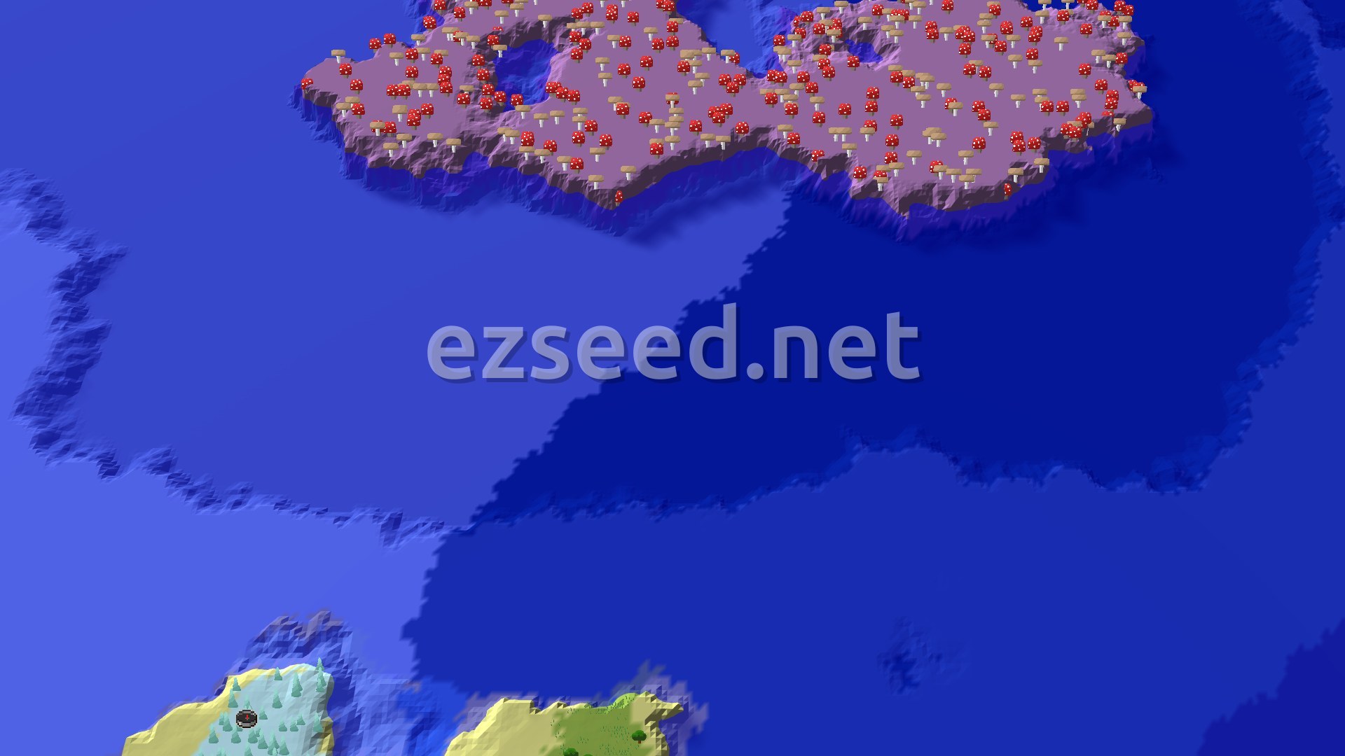 An aerial view showing a spawn point in an icy, snowy region with scattered trees and a large ocean, with a distant Mushroom Fields island covered in red mushrooms.