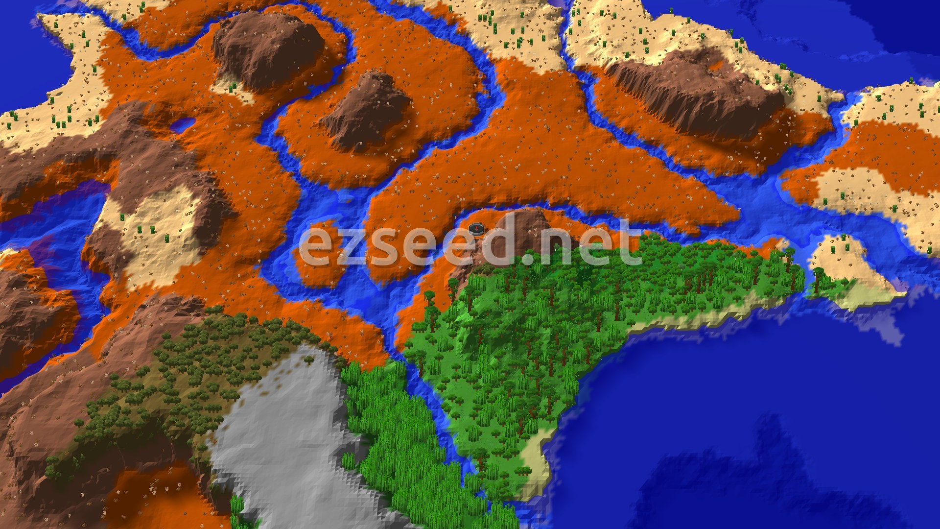 An aerial view of varied terrain, with orange Badlands and brown mountains cut by blue rivers, next to a large green jungle area and deep blue ocean. A small spawn marker is in the center.