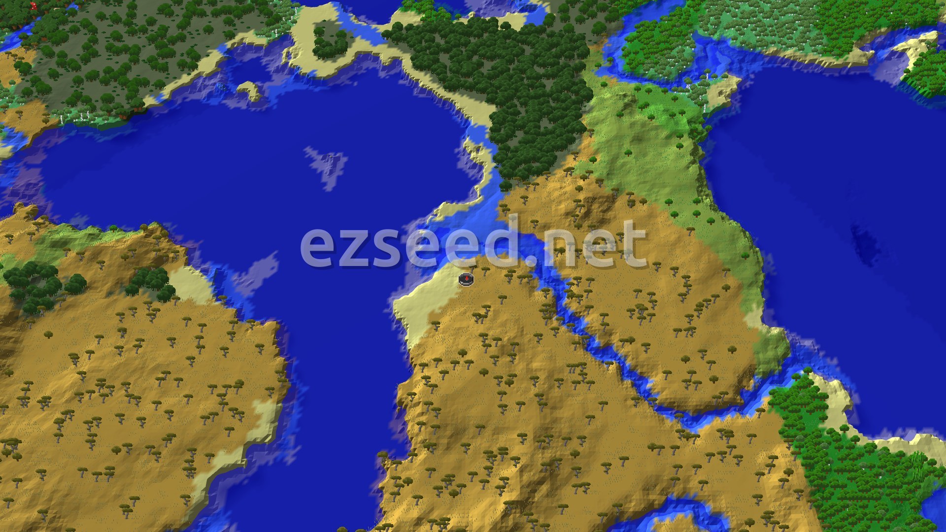 An overhead view of a savanna biome with scattered acacia trees, bordered by a large body of water to the west and north. A river runs through the savanna to the east.