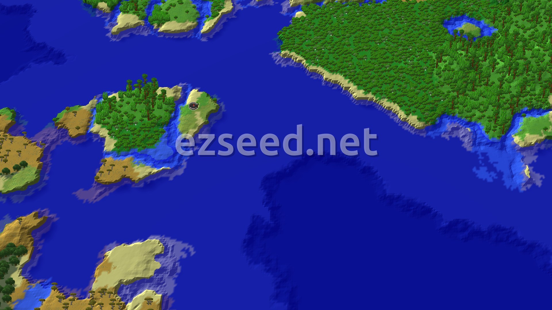 A small jungle island surrounded by ocean, with a larger forested landmass to the northeast. The spawn marker sits near the eastern shore of the small island.