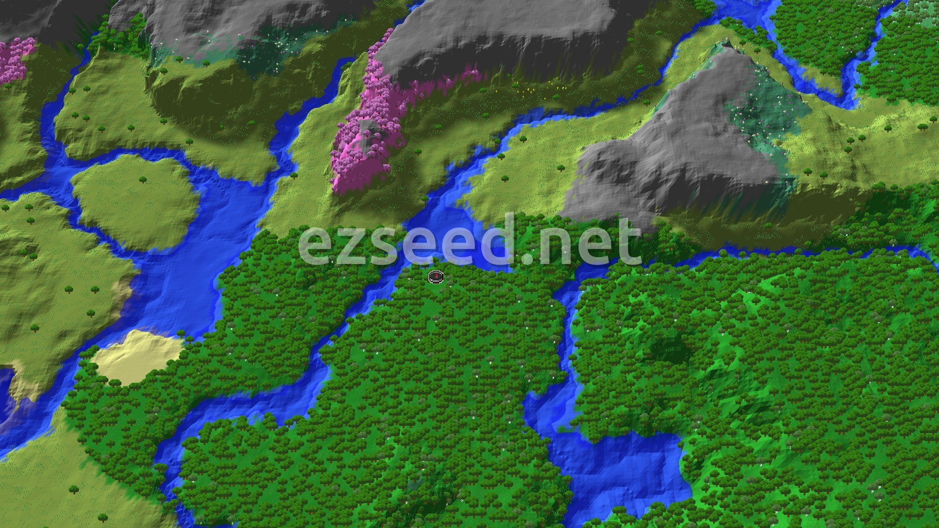 A 3D render of a Minecraft world showing a dense forest at the bottom, a river winding through the landscape, and mountains with pink-leafed trees in the upper left, with a small spawn marker in the center.