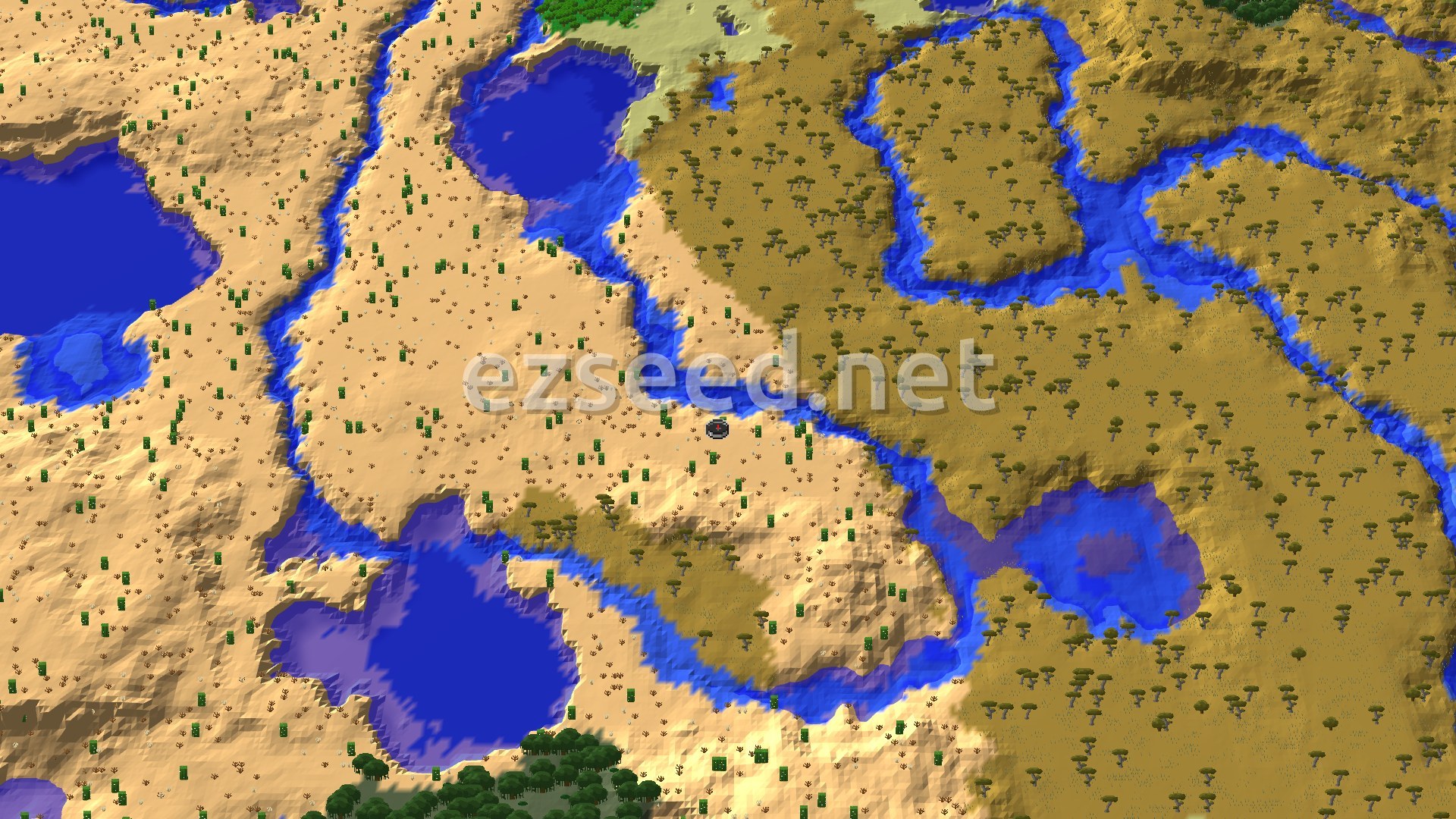 A sweeping aerial view of a desert landscape featuring a large, enclosed lake and scattered desert vegetation.