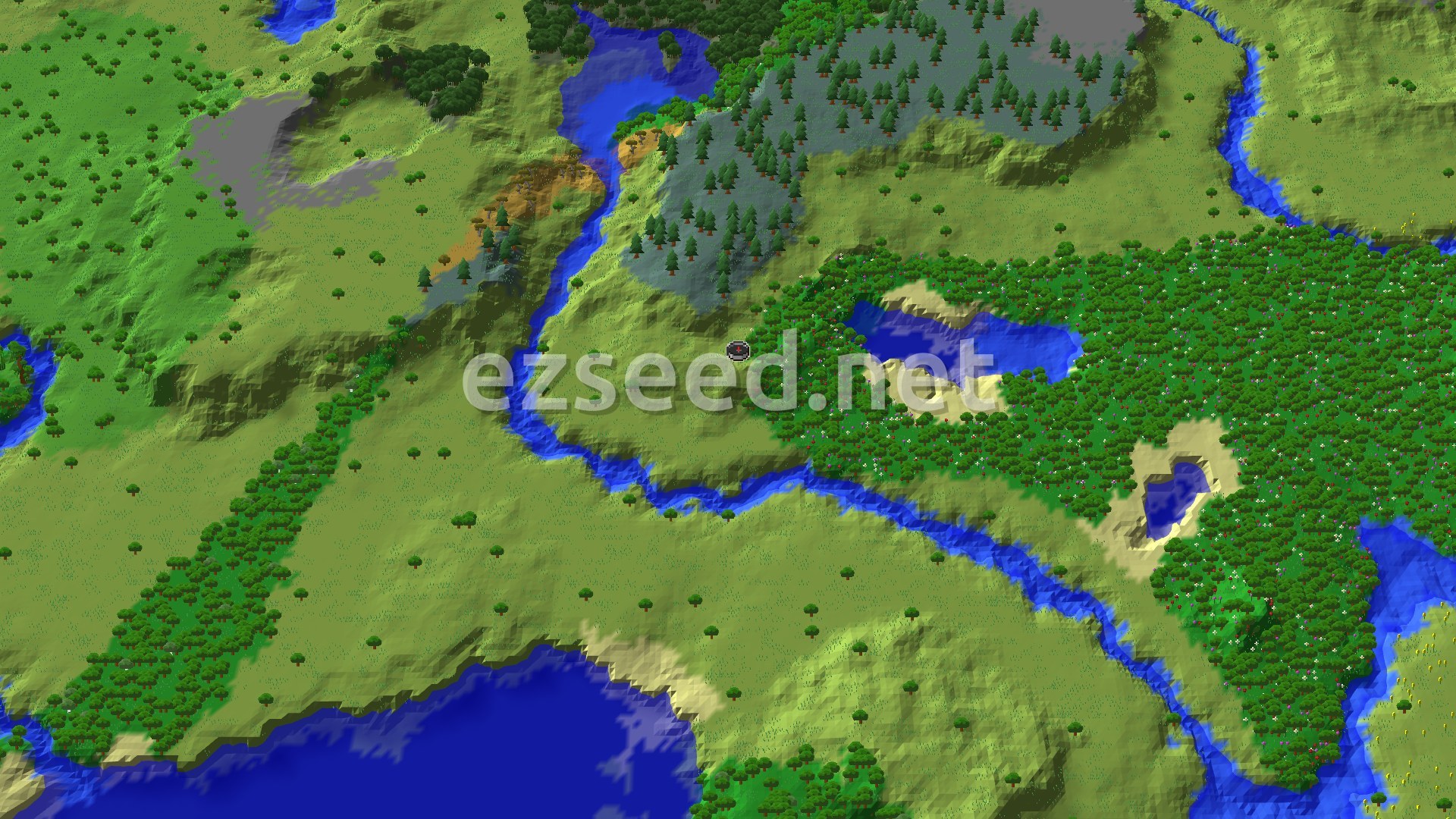 An aerial view of a Minecraft landscape featuring green plains, a winding river, dense forests, and patches of hills and water bodies, with a spawn marker in the center.