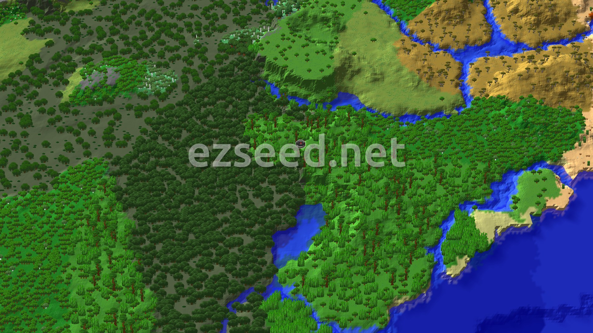 An overhead 3D view of a dense green jungle landscape, with a small spawn marker in the center. A river winds through, and a sandy coast meets a large blue ocean on the right. Tan desert biomes are visible across the water.