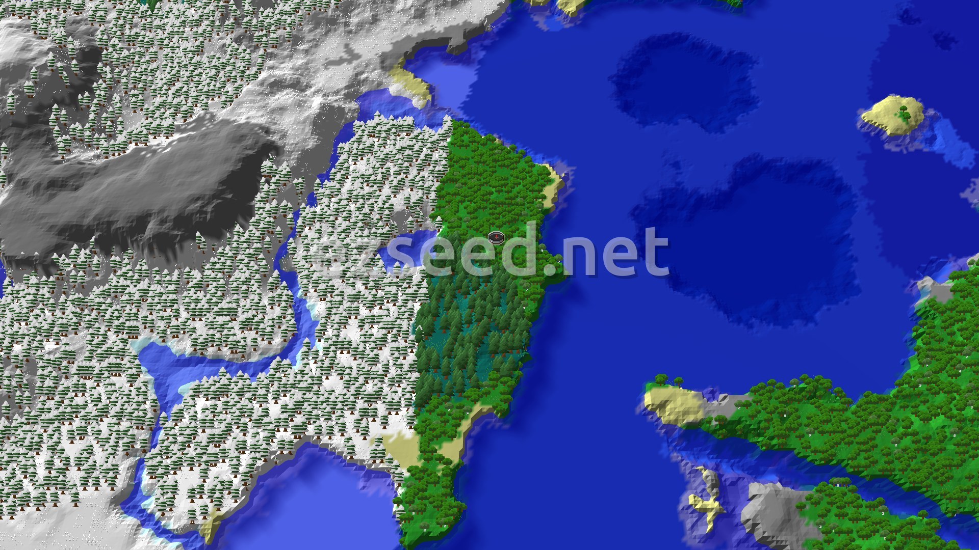 An overhead view shows a sprawling green forest biome bordering a large blue ocean. To the west, snow-capped mountains rise, meeting the forest at a winding river. Small sandy beaches dot the coastline.