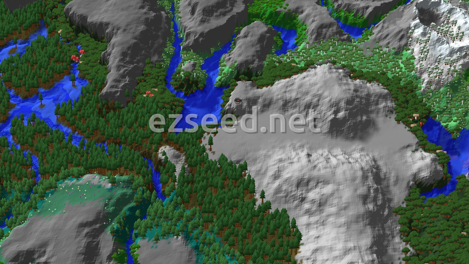 A dense Dark Forest landscape with towering trees and a small spawn marker in the center.