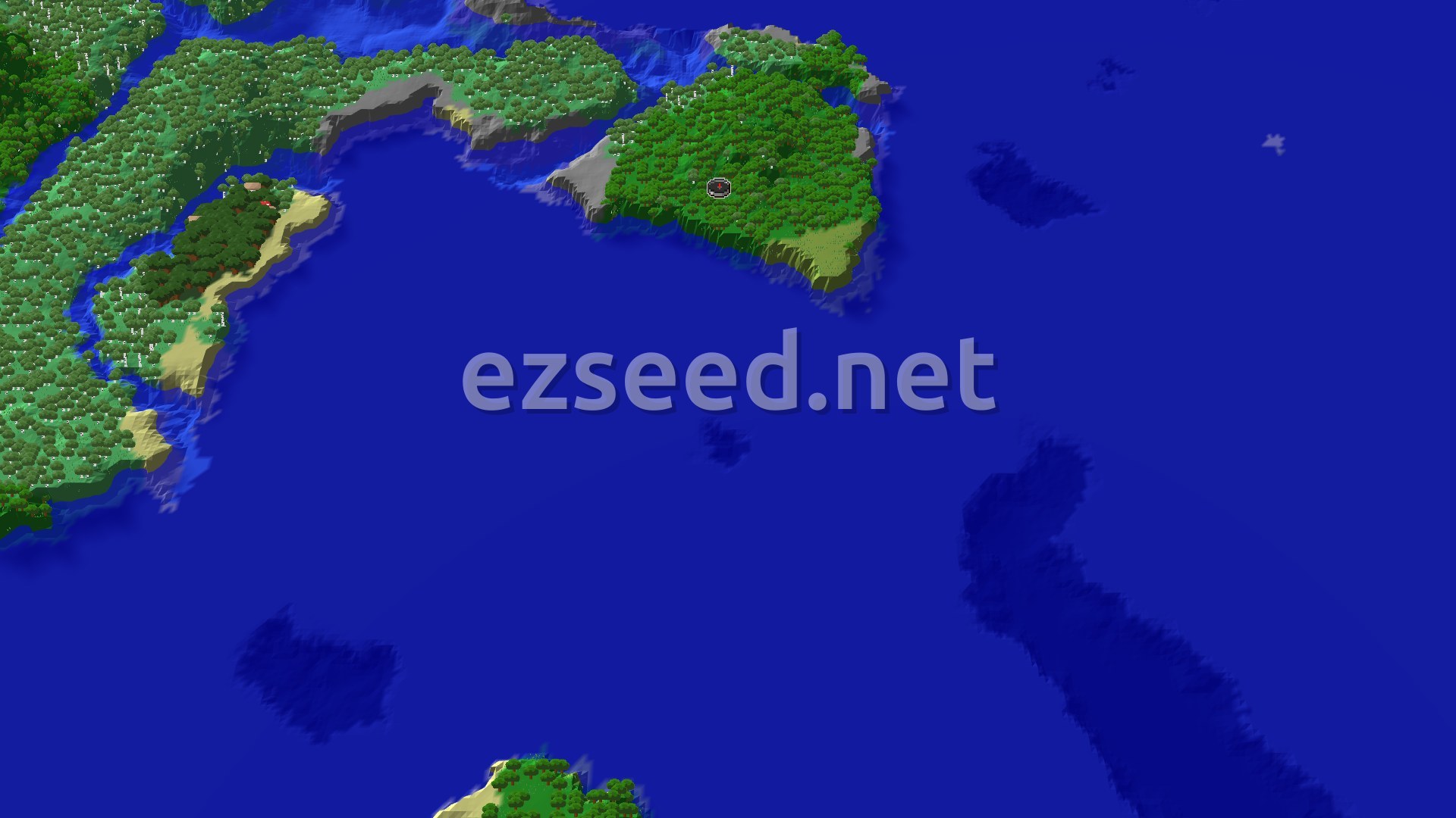 An overhead view of a medium-sized island covered in a dense forest, with sandy beaches and rocky shores around its perimeter. The island is surrounded by a vast blue ocean, with other small landmasses visible in the distance. A small spawn marker is visible in the center of the main island.