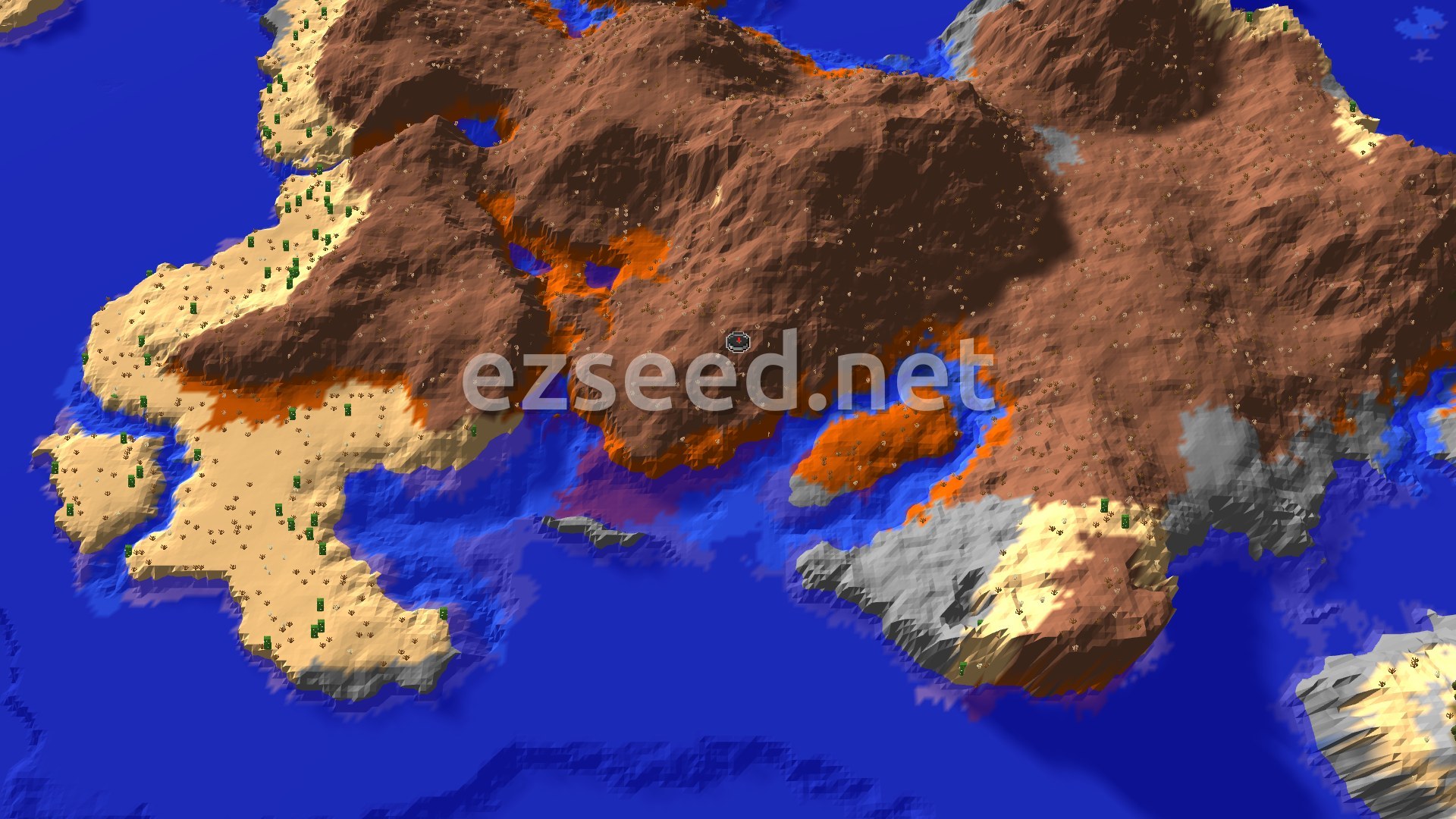 Aerial Minecraft seed map — Badlands Spawn With Nearby Ancient City
