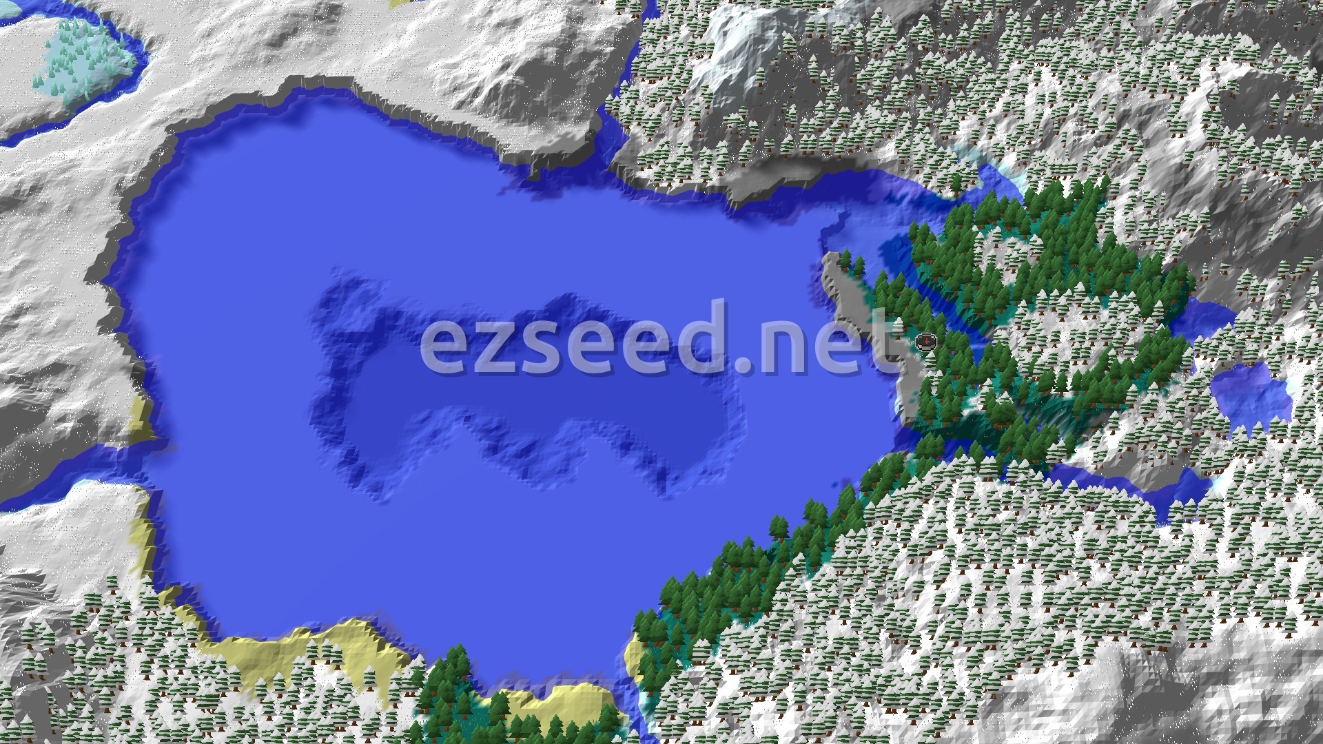 An overhead view of a snow-covered mountainous landscape with a large frozen lake or ocean at its center, surrounded by a mix of snowy trees and some patches of green taiga trees. A small spawn marker is visible among the green trees on the eastern side of the lake.