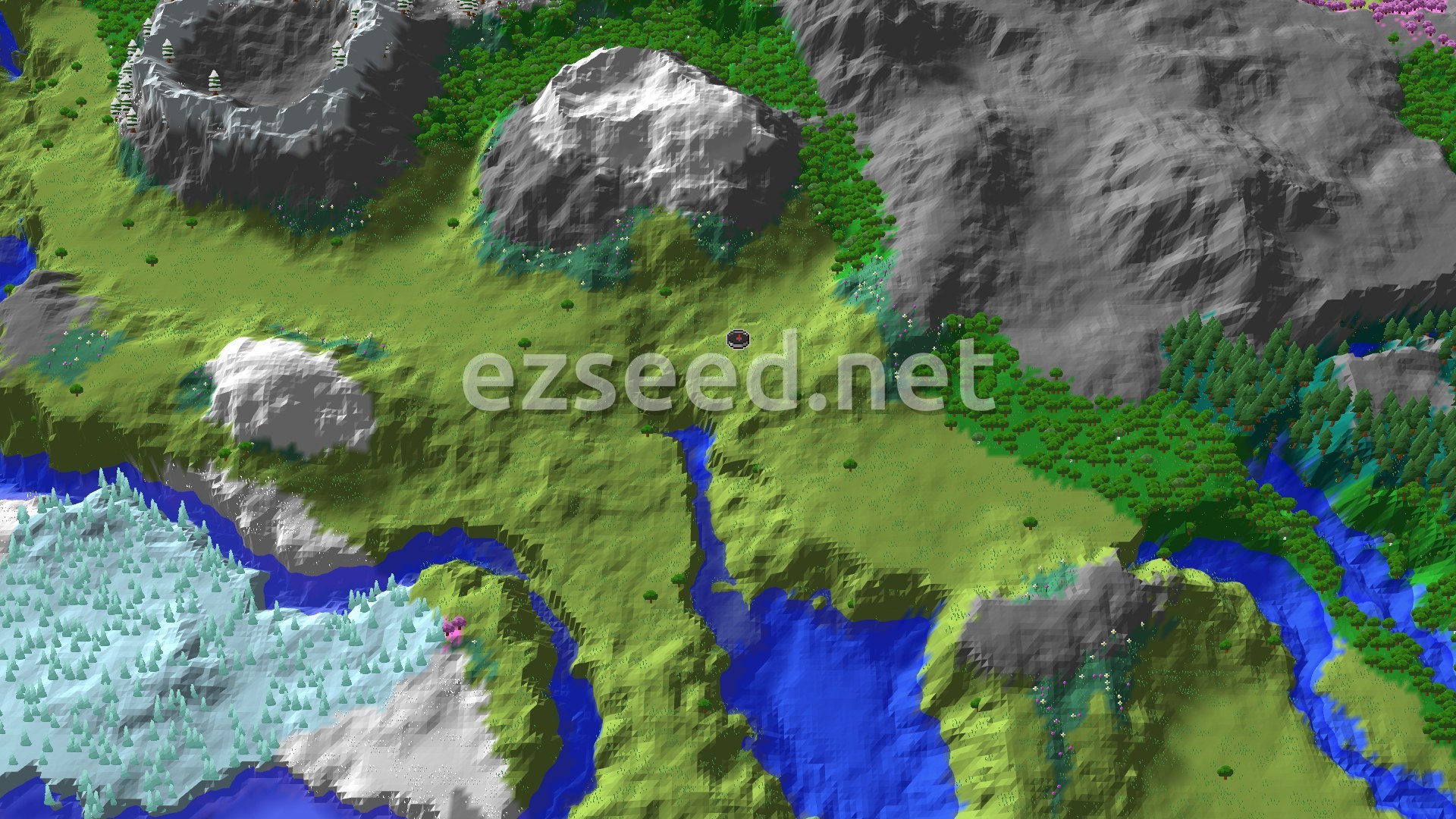 Aerial Minecraft seed map — Spawn in Plains with Peaks, an Abandoned Village Nearby