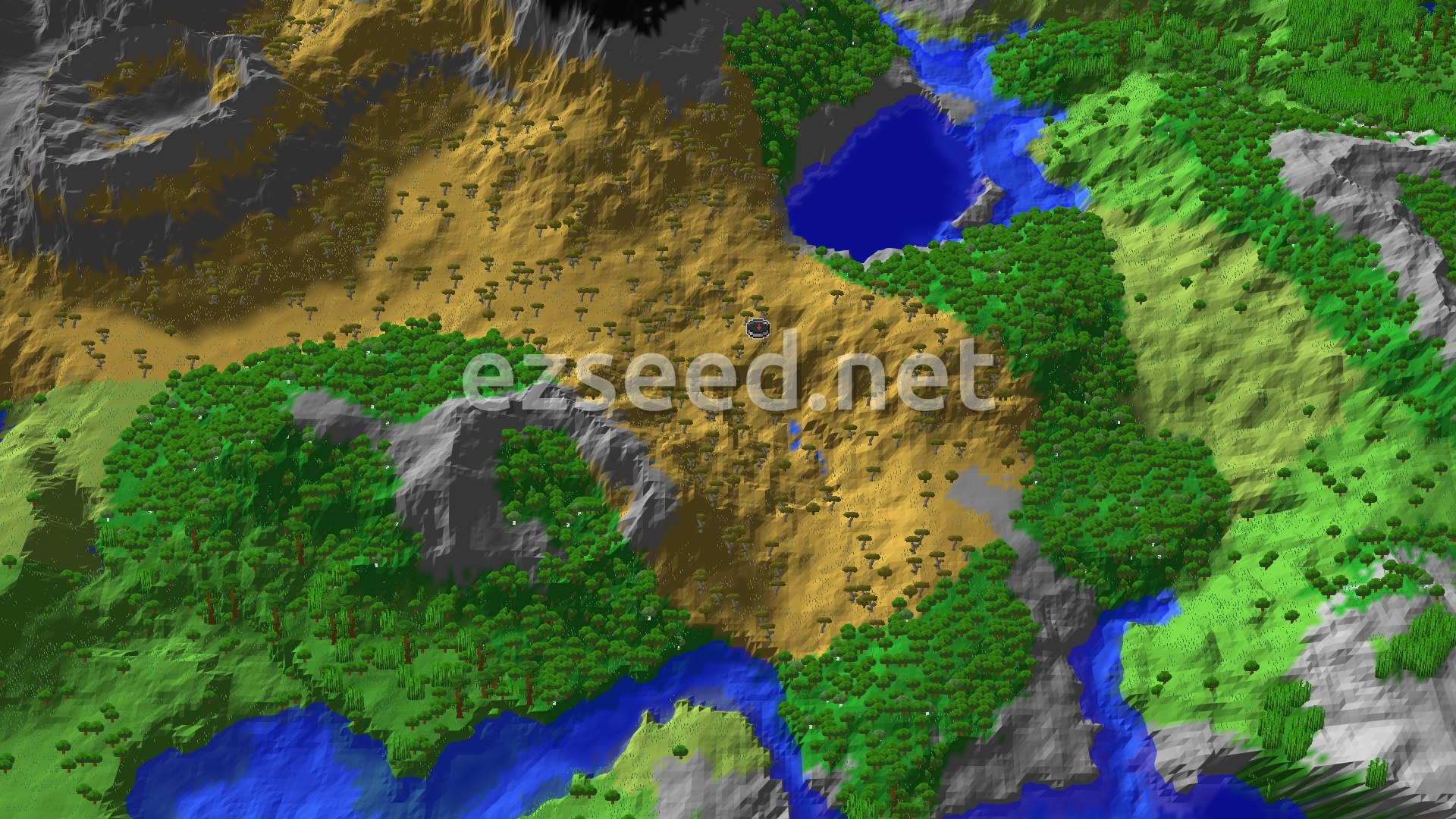 A 3D fly-over view of the seed's spawn area, showing a vast savanna plateau with scattered acacia trees, surrounded by forests and stony peaks. A small lake and river are visible in the distance.