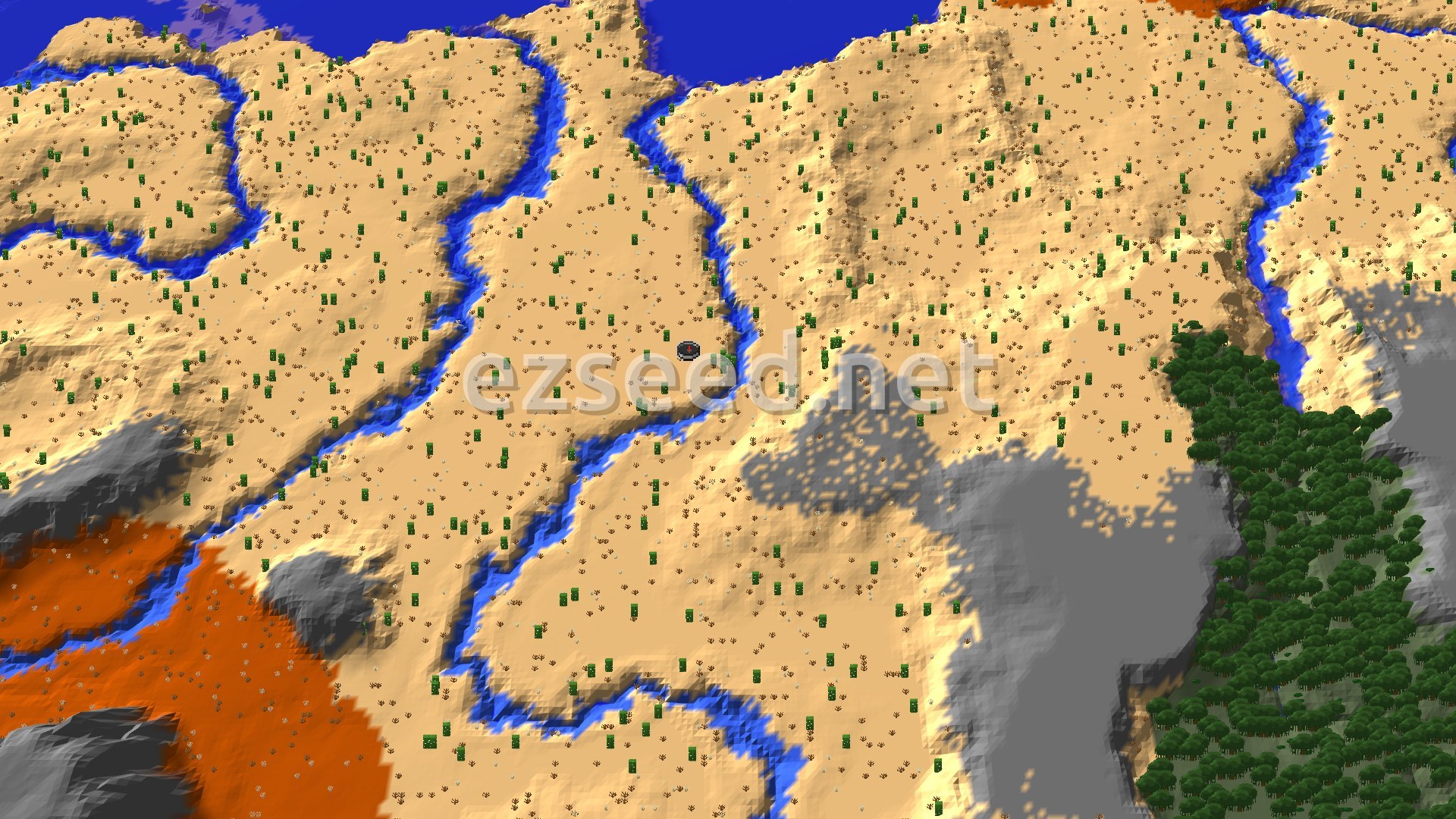 Aerial Minecraft seed map — Desert Village With Nearby Badlands