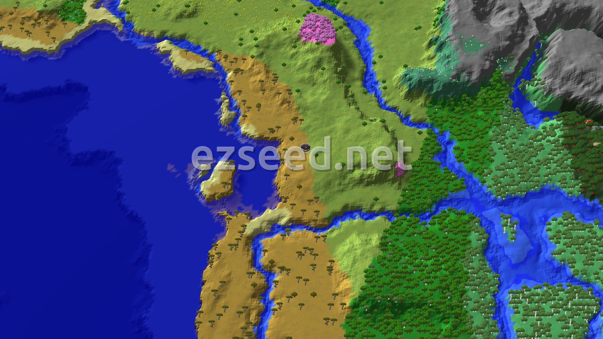 A 3D overhead view of a diverse landscape featuring a prominent savanna biome with scattered acacia trees, plains, and a winding river system leading to a large ocean. Further inland, a patch of cherry grove trees with pink foliage is visible, and to the east, gray mountainous terrain rises.