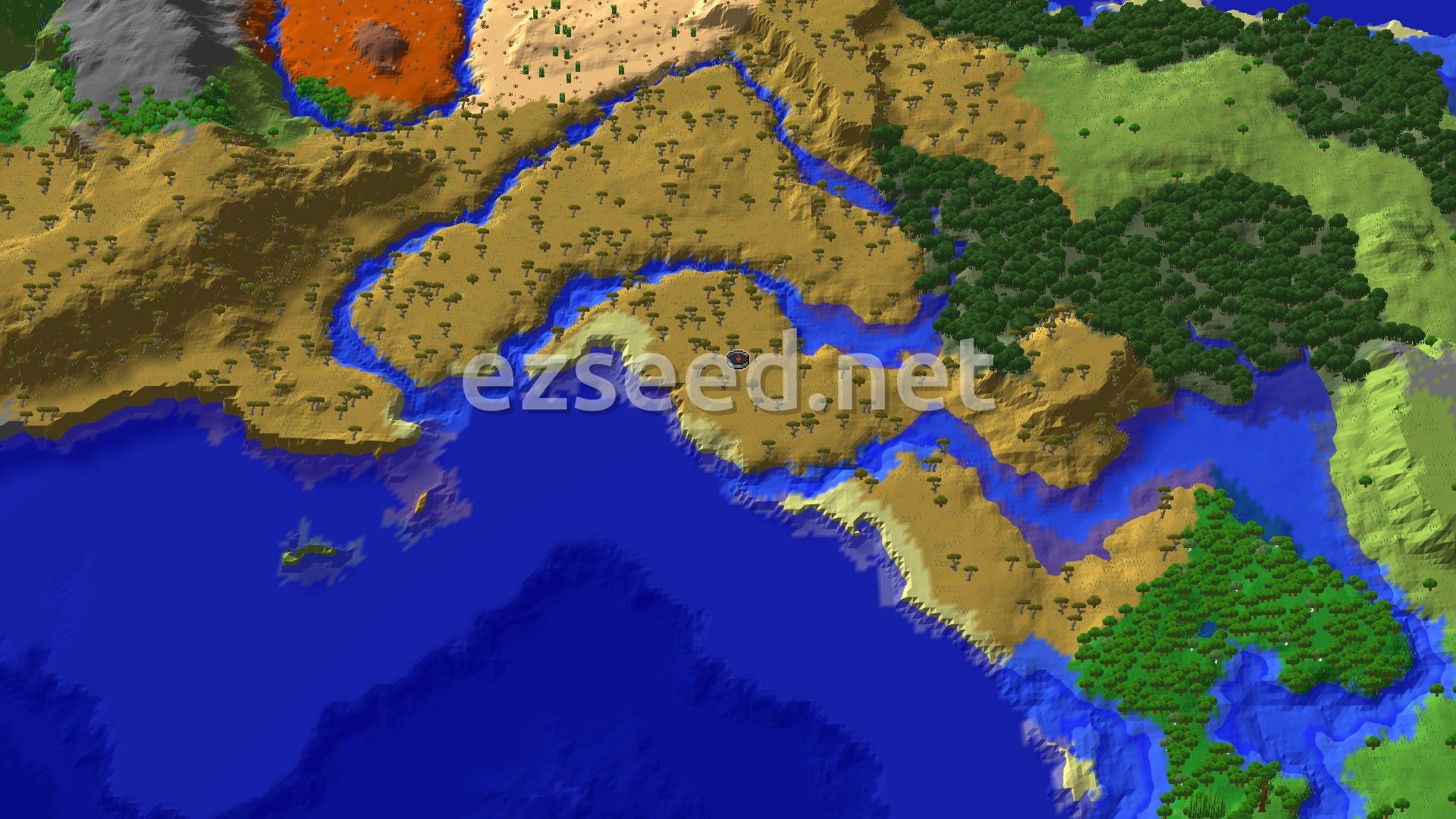 A 3D fly-over of a varied landscape, showing a savanna with scattered acacia trees around the spawn marker, bordered by a large ocean and a lush green forest to the east. A desert and badlands biome are visible to the north.