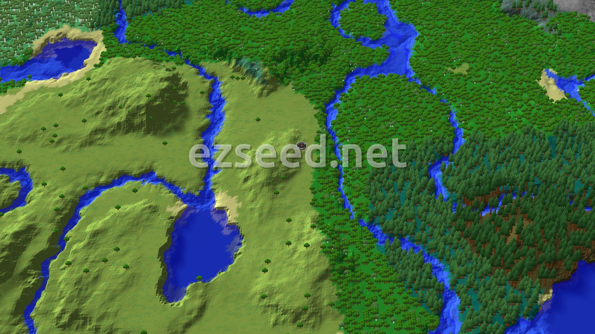 An aerial view of a mostly flat, green plains biome with a meandering river, surrounded by dense forests and a small lake to the west.