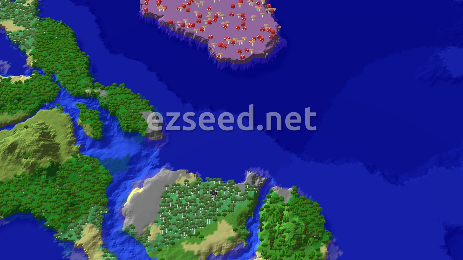 Aerial Minecraft seed map — Spawn in Birch Forest, Mushroom Fields Nearby
