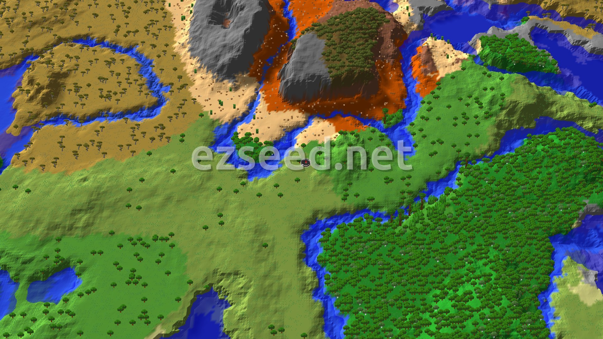 A bird's-eye view of a varied landscape, showing a large plains biome with scattered trees around a spawn marker, bordered by a dense forest, rivers, and rugged badlands terrain.