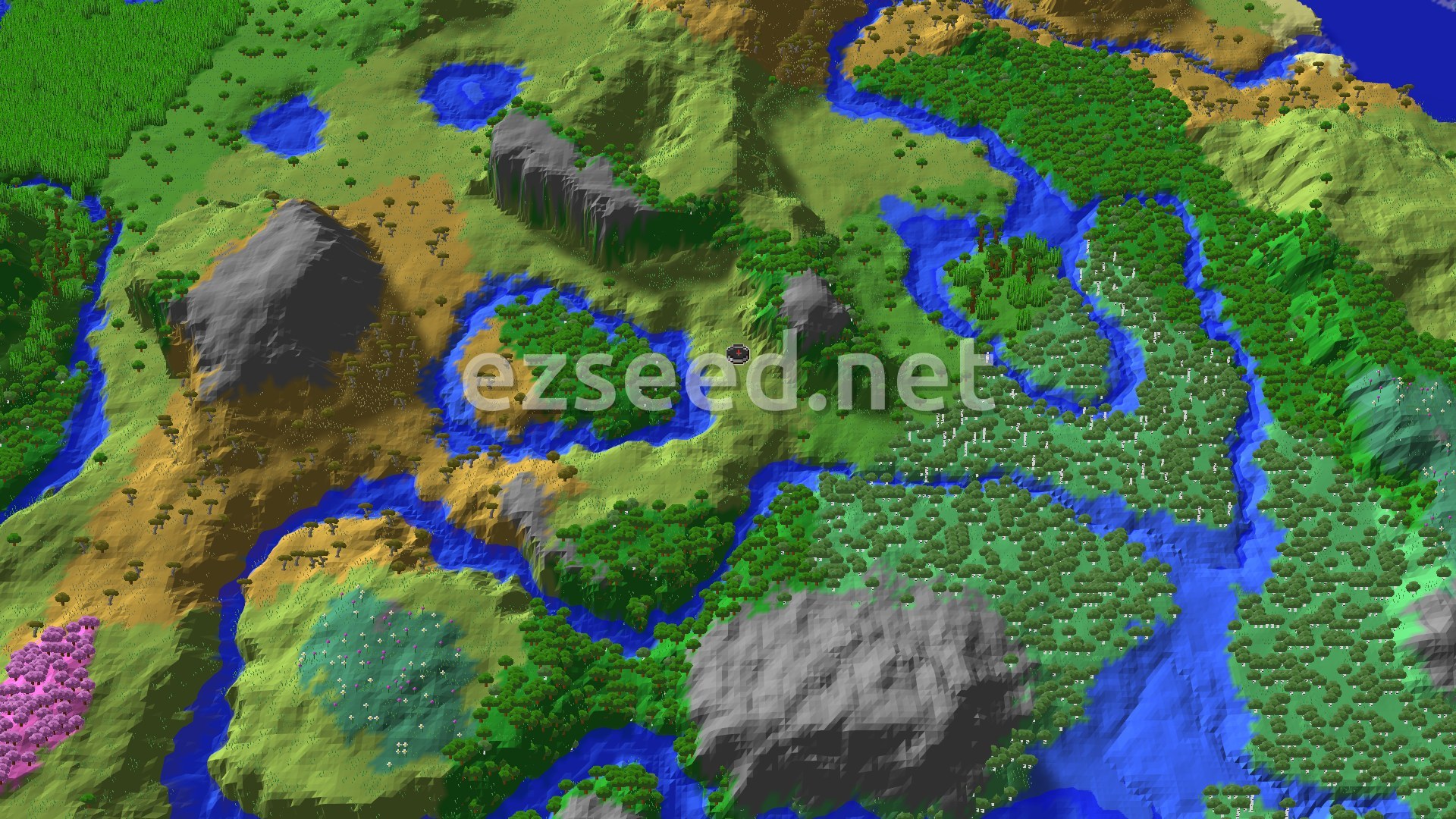 An aerial view of a varied landscape, showing a central plains area surrounded by forests, rivers, savannas, and some rocky hills, with a small spawn marker in the middle.