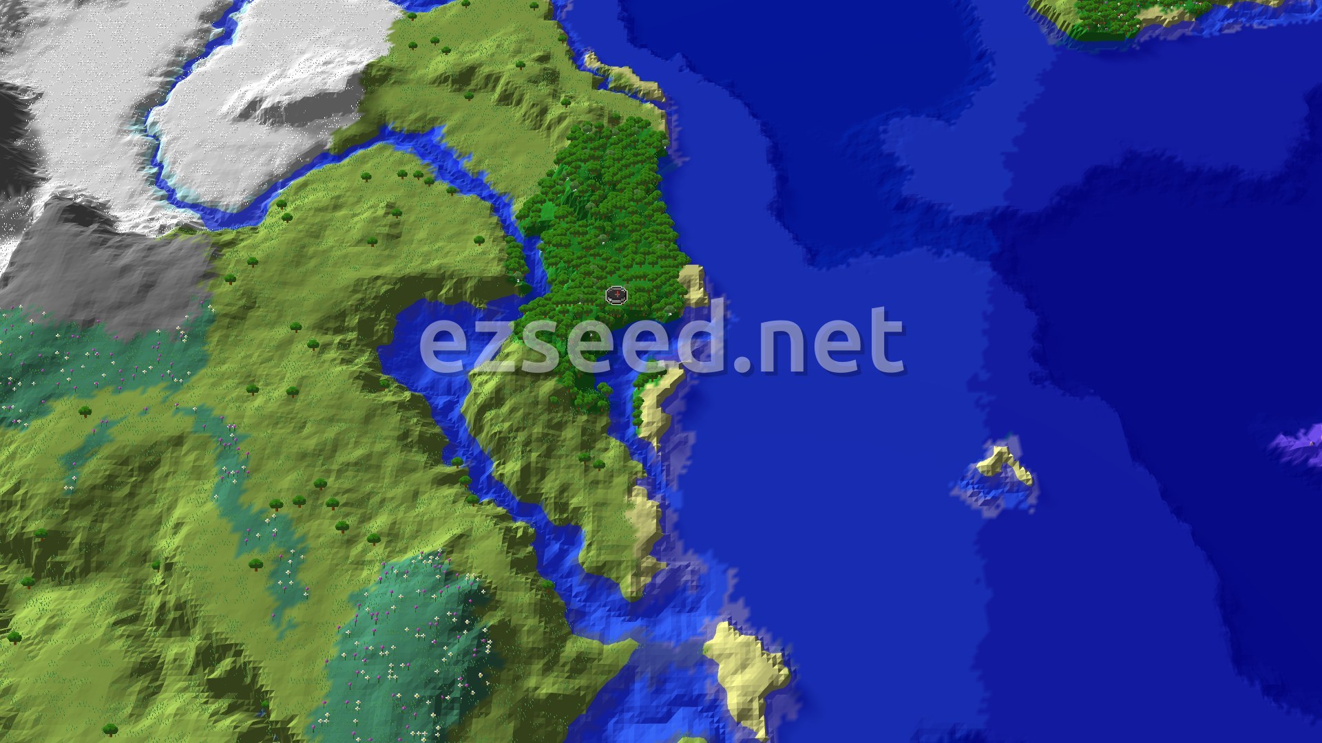 A 3D fly-over of a forest with a river flowing through it, surrounded by plains and a large ocean to the east. Snowy mountains are visible in the distance.