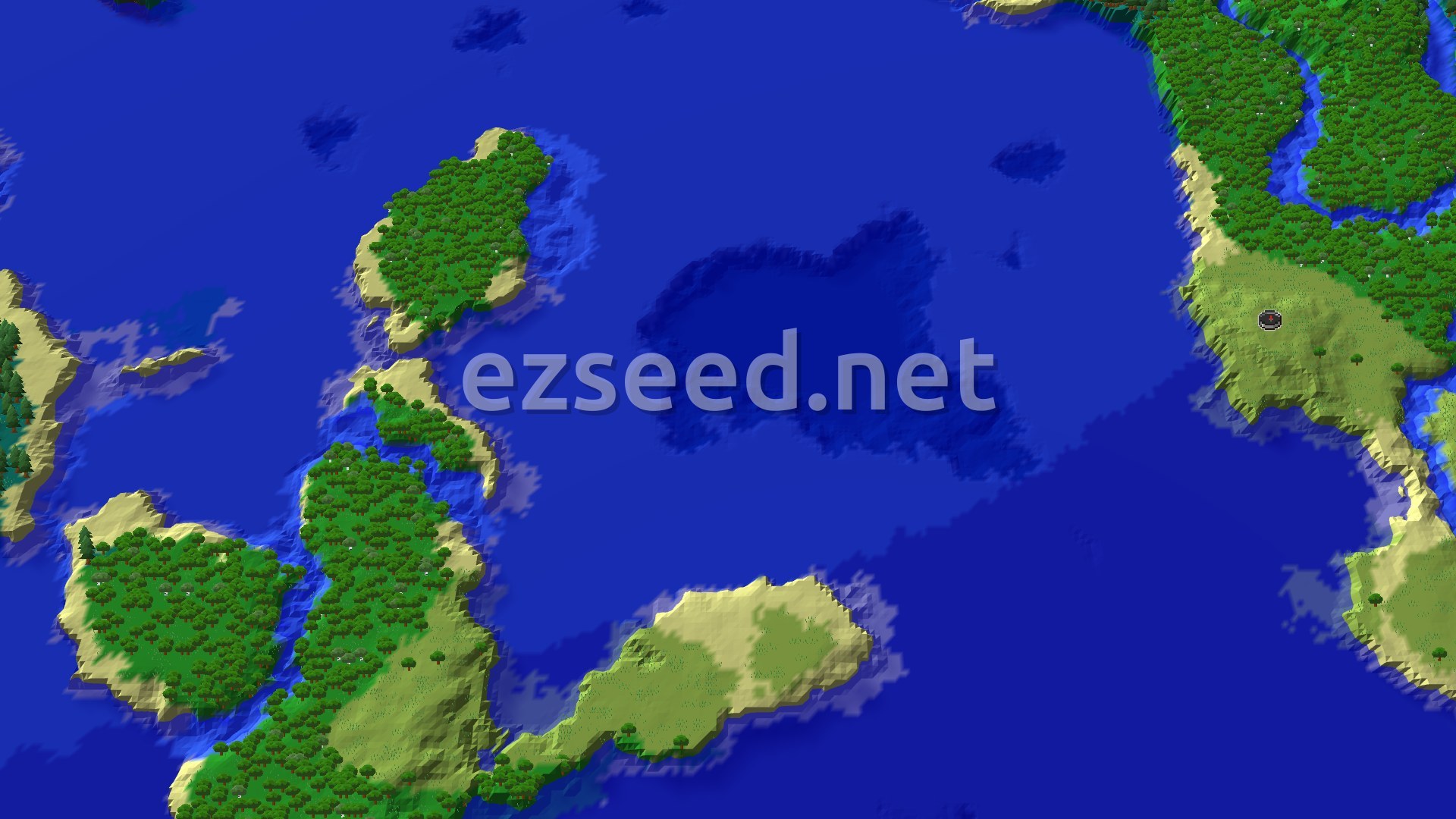An overhead view of a large landmass surrounded by water, showing a mix of Taiga, Forest, and Beach biomes with scattered trees and some open plains.