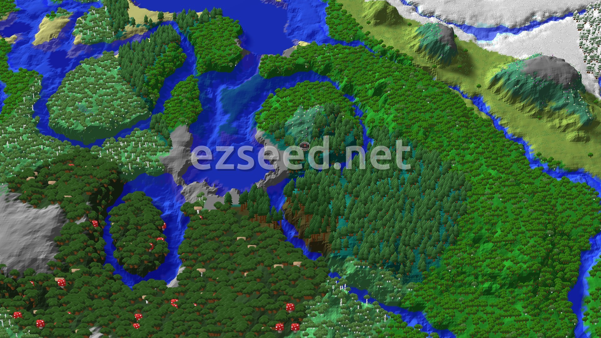 An aerial view of a mostly forested landscape with rivers and small bodies of water. The terrain is varied, showing some hills and flatter areas. A small spawn marker sits near the center, surrounded by trees.